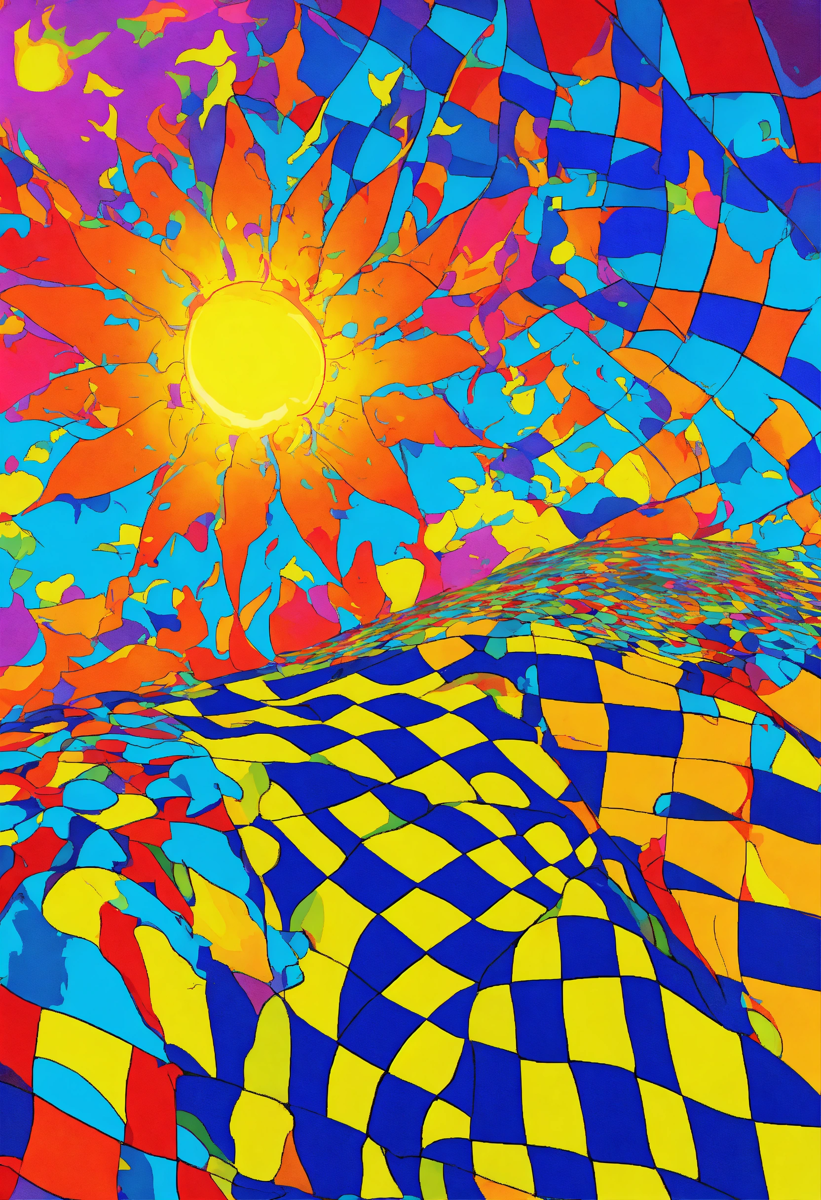 Lexica - Exploding psychedelic checkered flag in the style of peter max