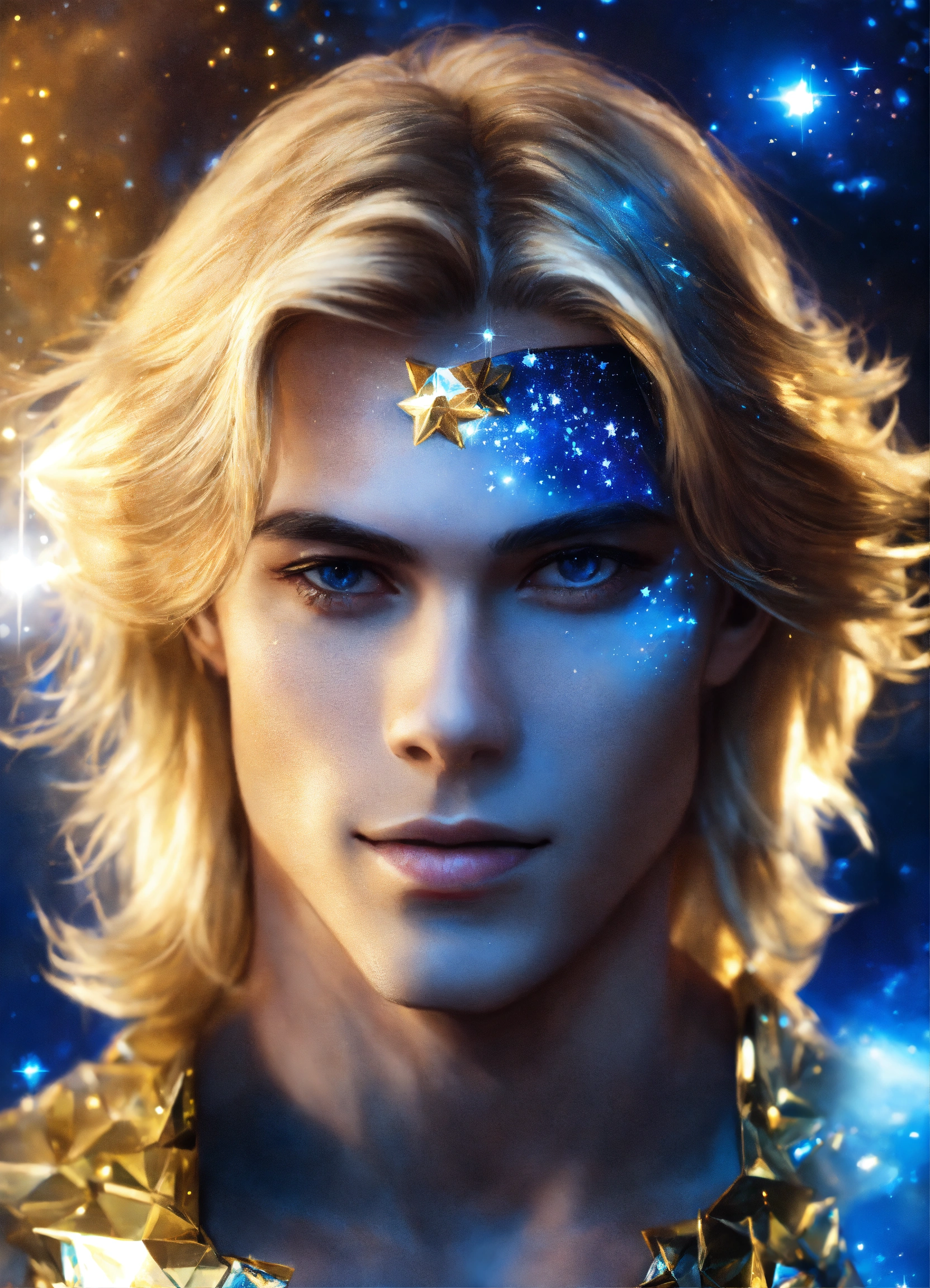 Lexica - Beautiful faces cosmic men long blond hair, smiling, blue and ...