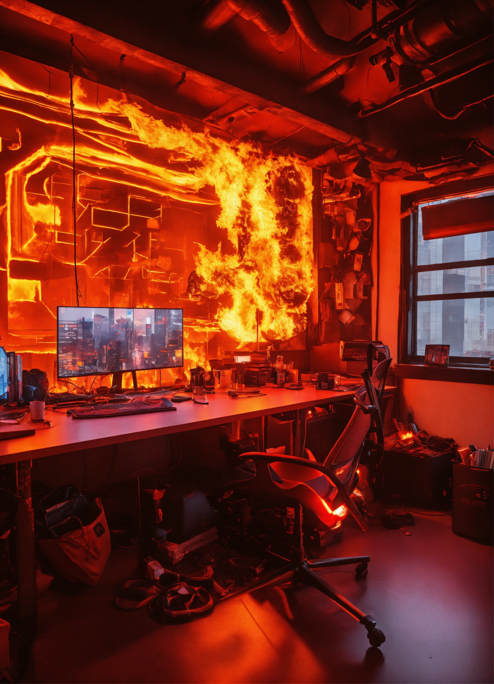 Lexica - Fire themed office, cyberpunk