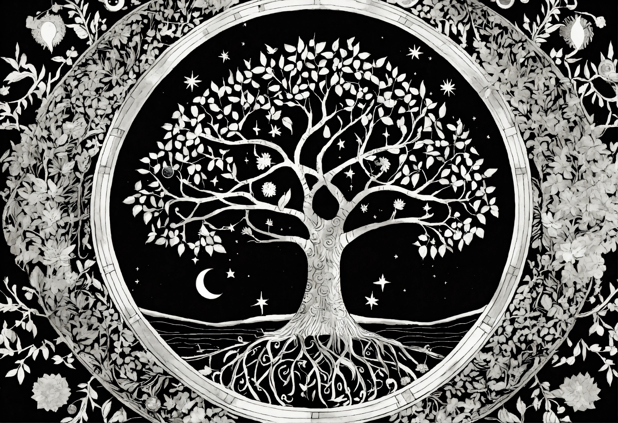 Lexica - Tree of life black and white no leaf with moon sun and stars