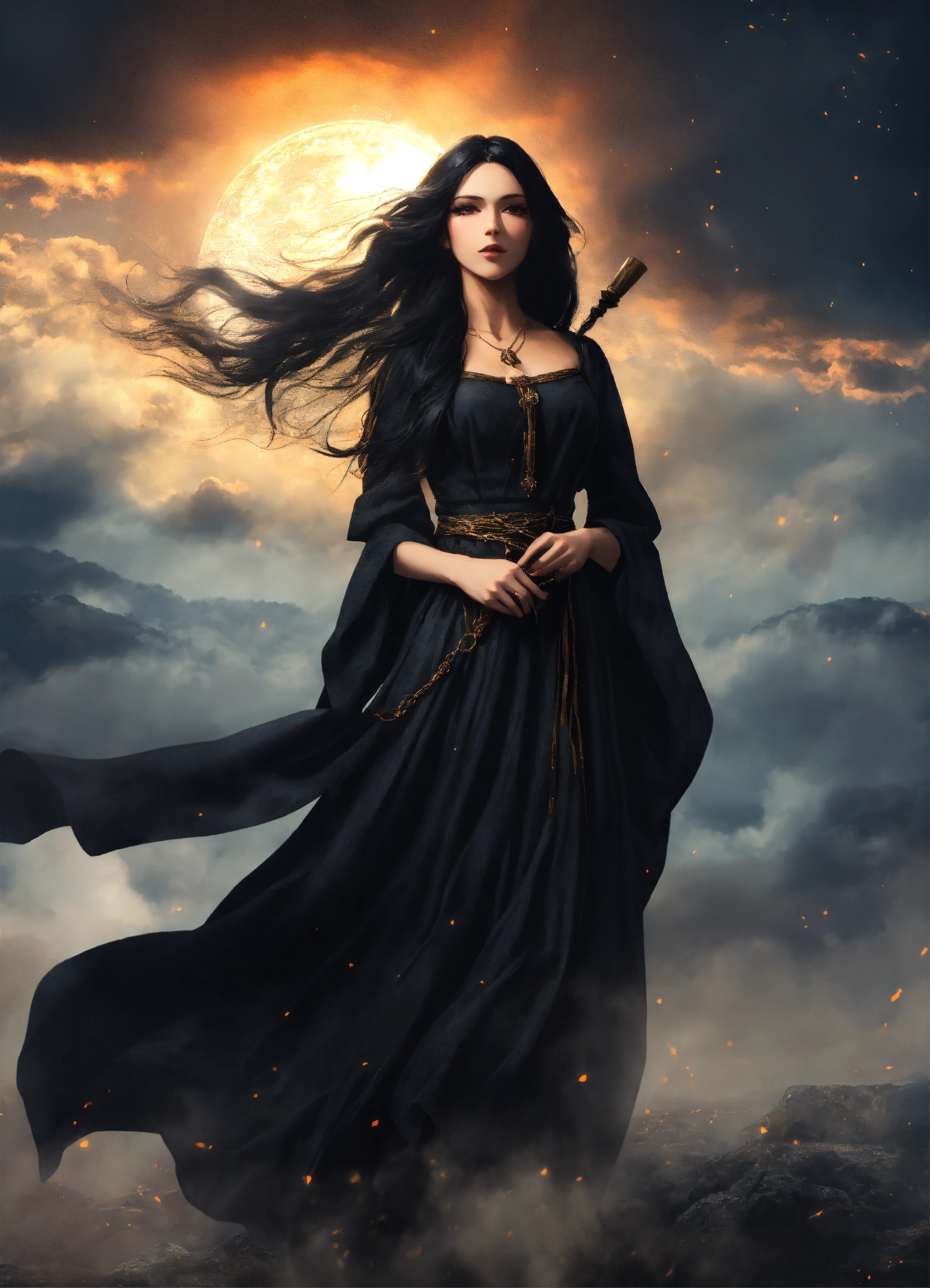Lexica - A beautiful sorceress with long black hair dressed in a black ...