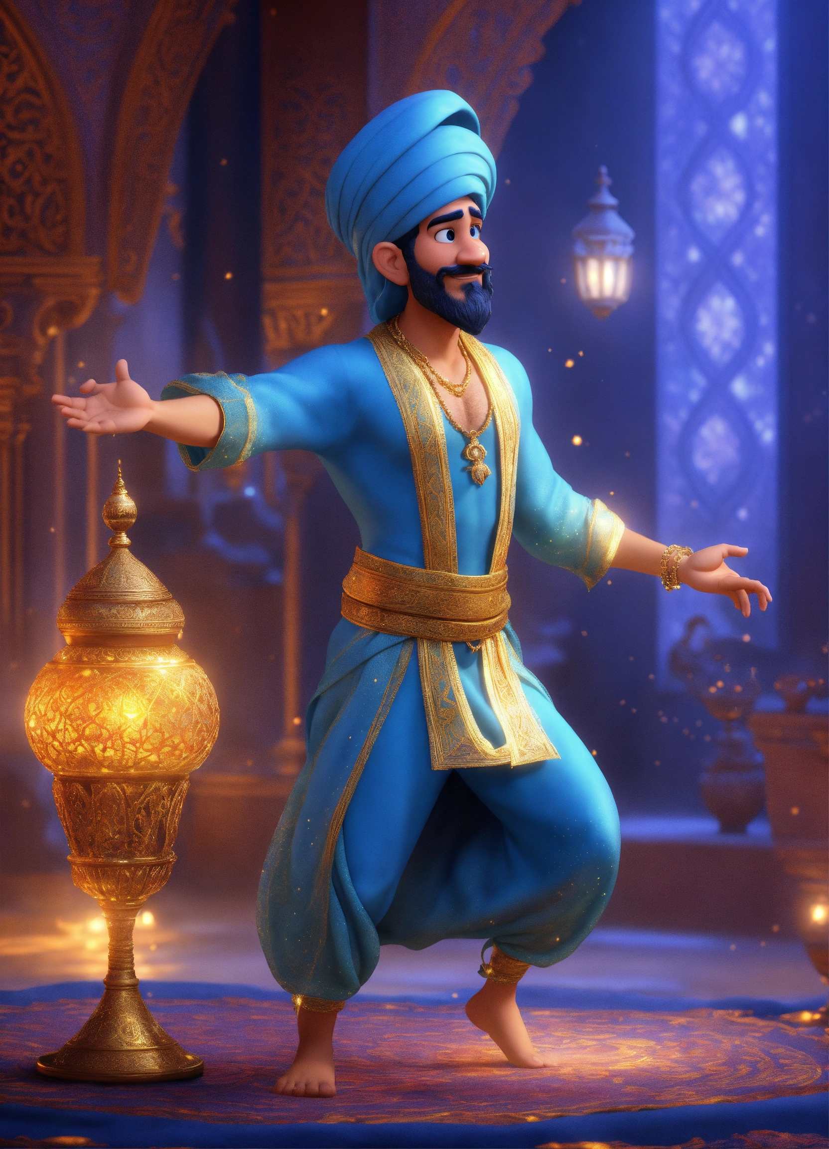 Lexica - Create a 3D rendering of a magical blue Arabian male genie ...