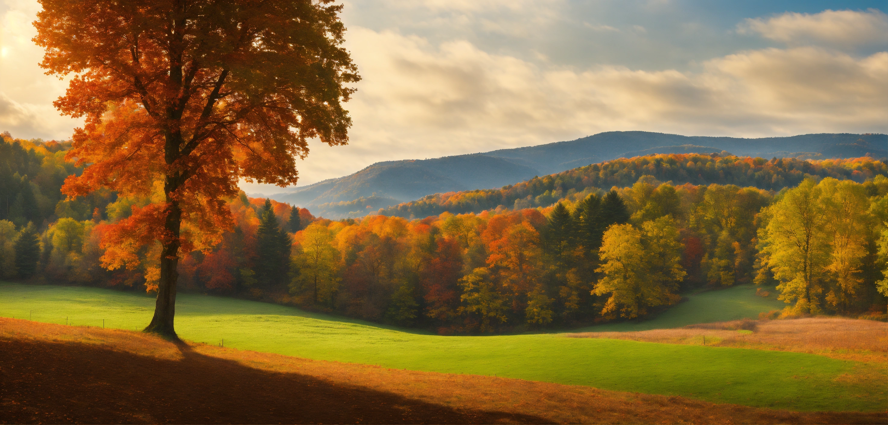 Lexica - A panoramic outdoor scene of woodland fields and hills that ...