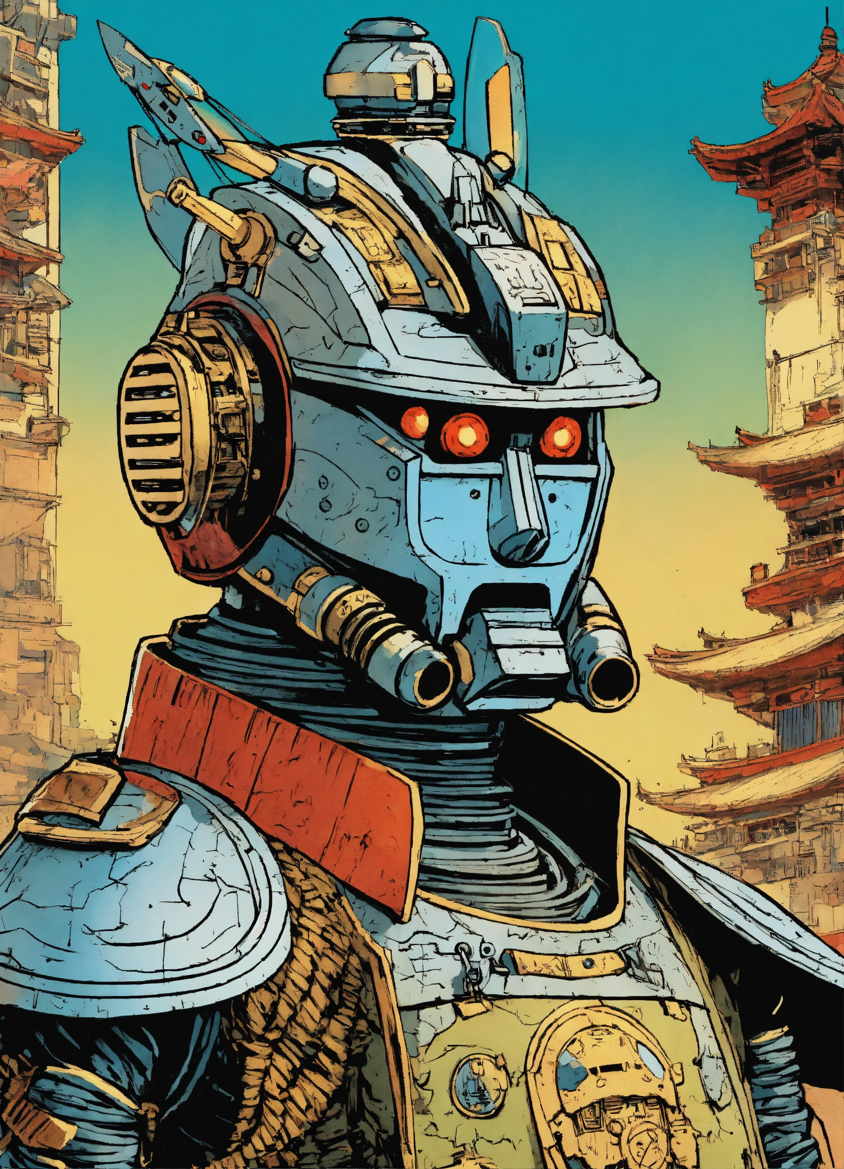 Lexica - Detailed pen and ink illustration of a samurai robot, head ...