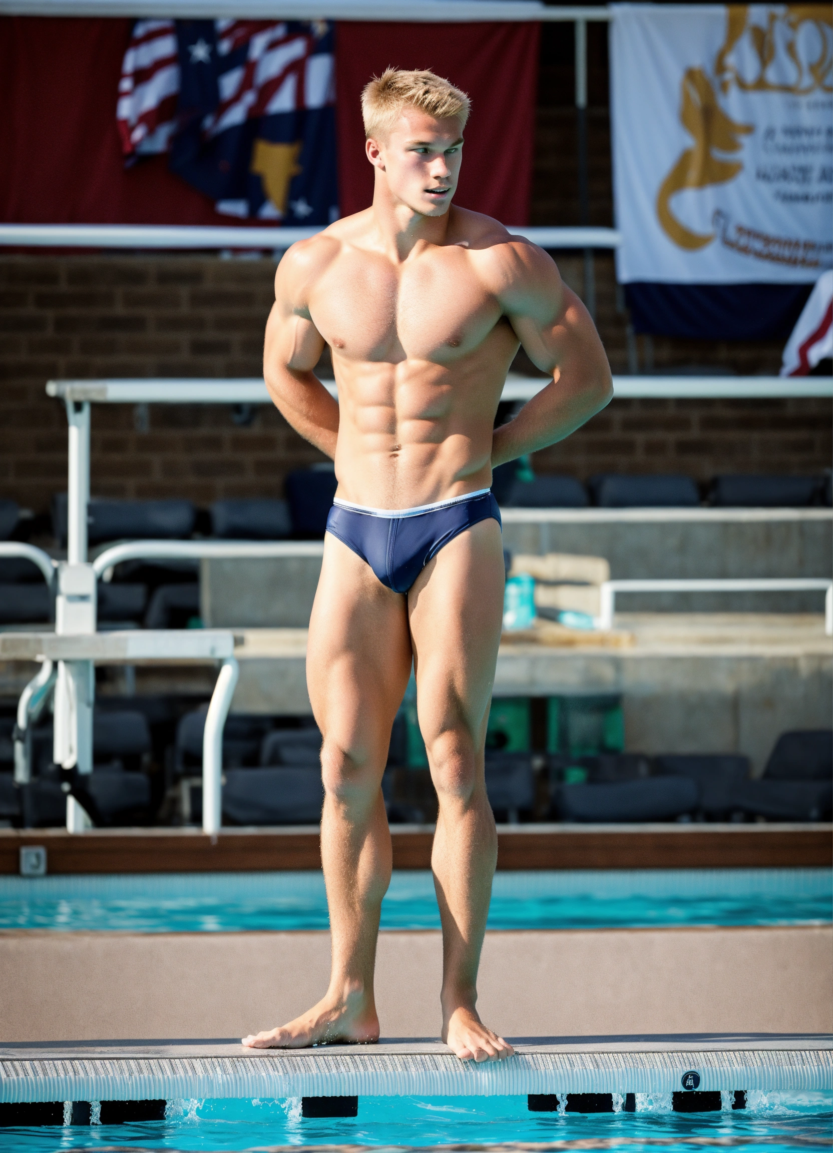 Lexica - A muscular blond male college Diving athlete wearing a small speedo  on a dive board