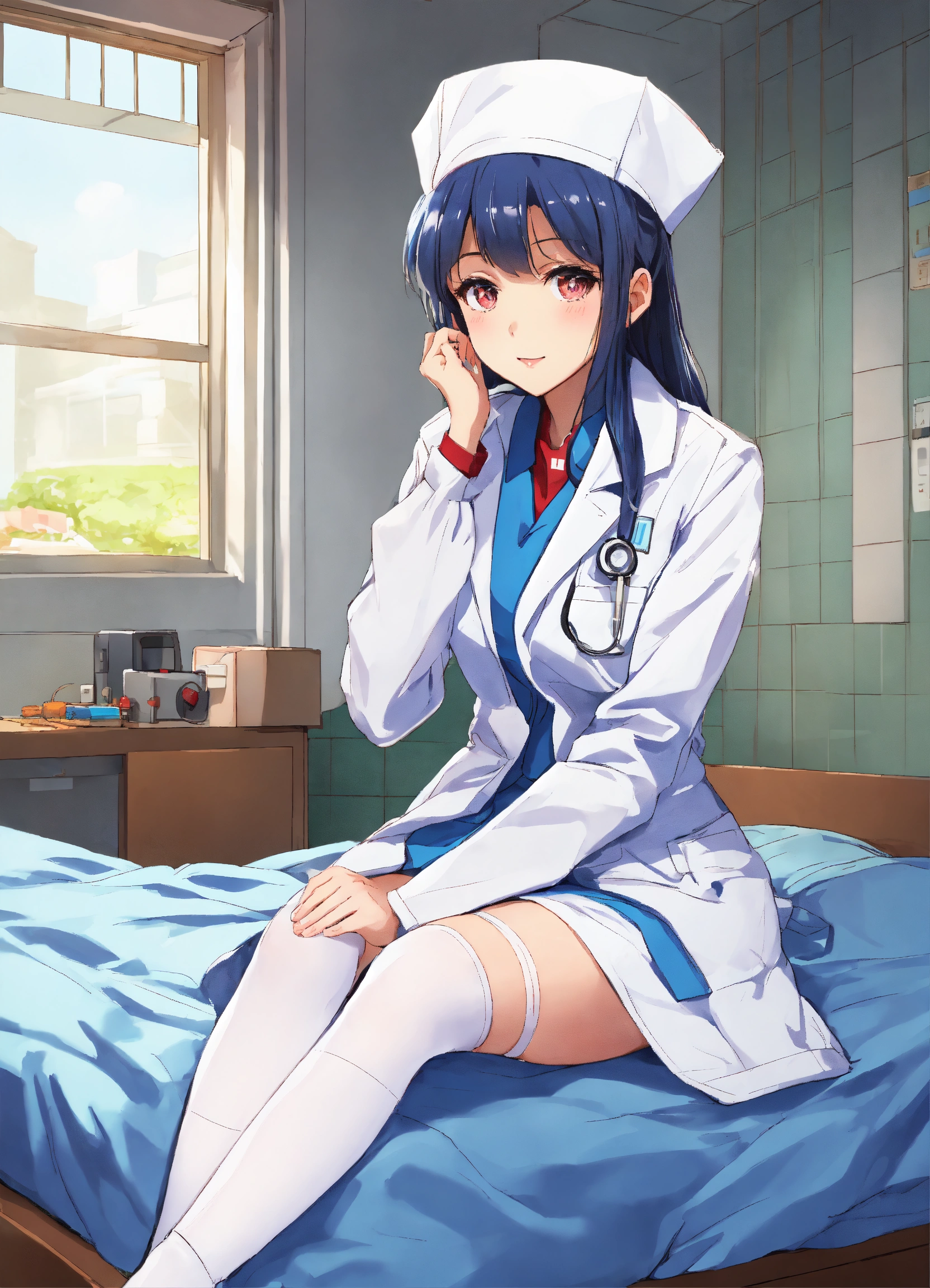 Lexica - 1 nurse girl in a white cap in a white coat, anime face, white  high stockings on her feet, sitting on a hospital bed