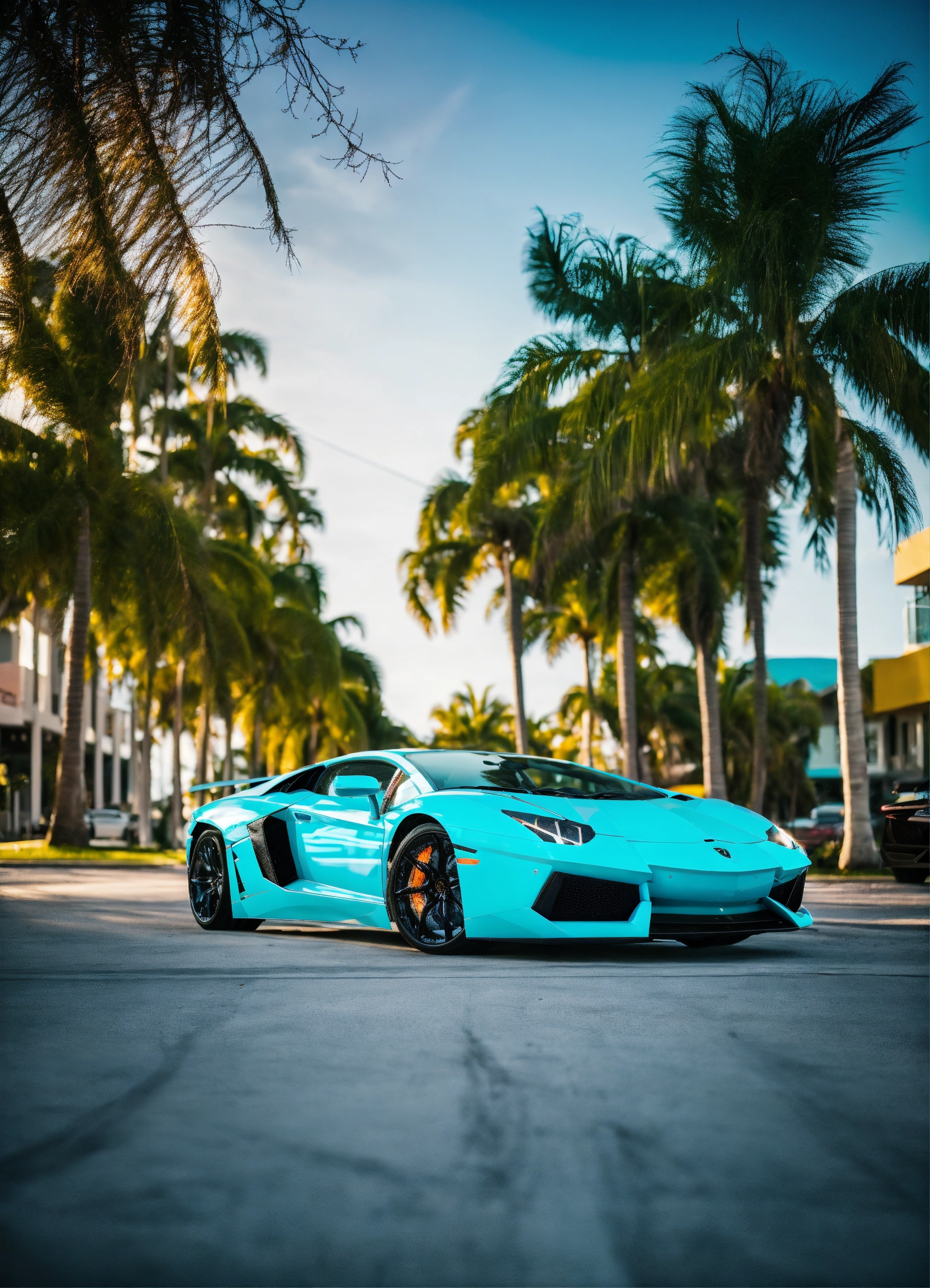 Lexica - A Tiffany blue lamborghini aventador front view in miami