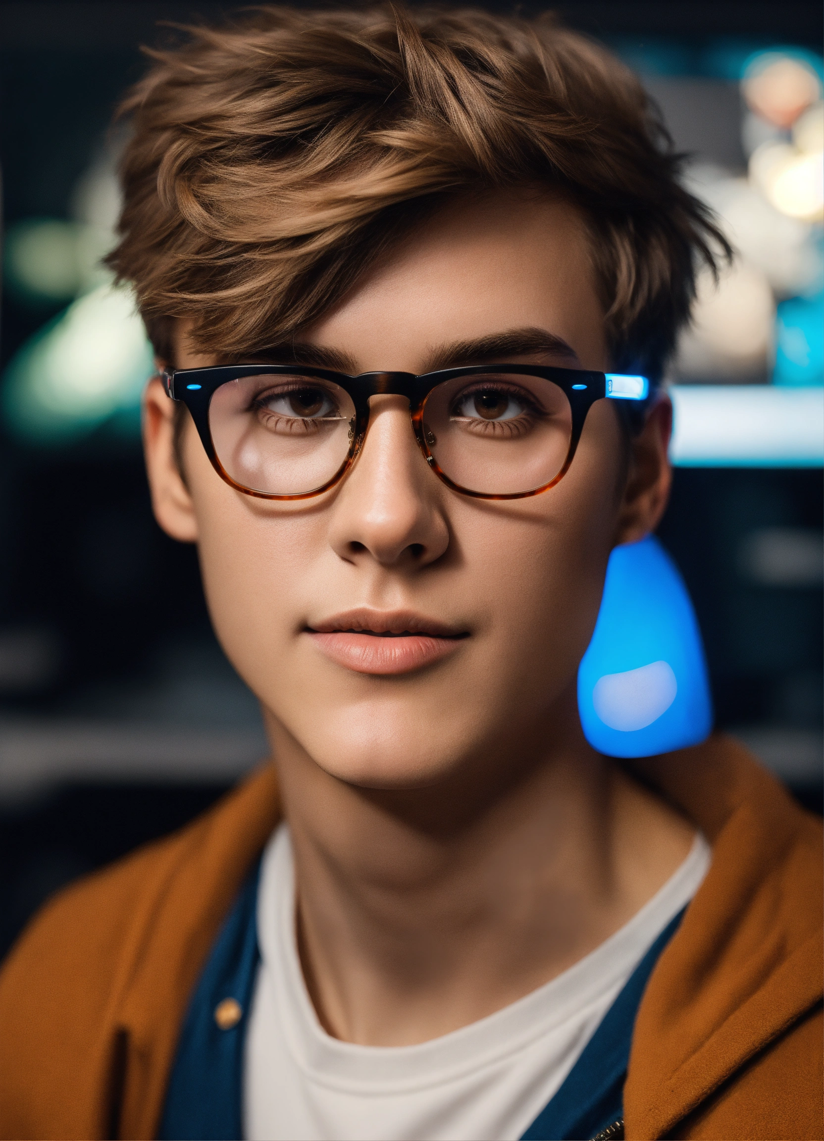 Lexica - Straight male streamer short light brown hair jawline bluelight  glasses