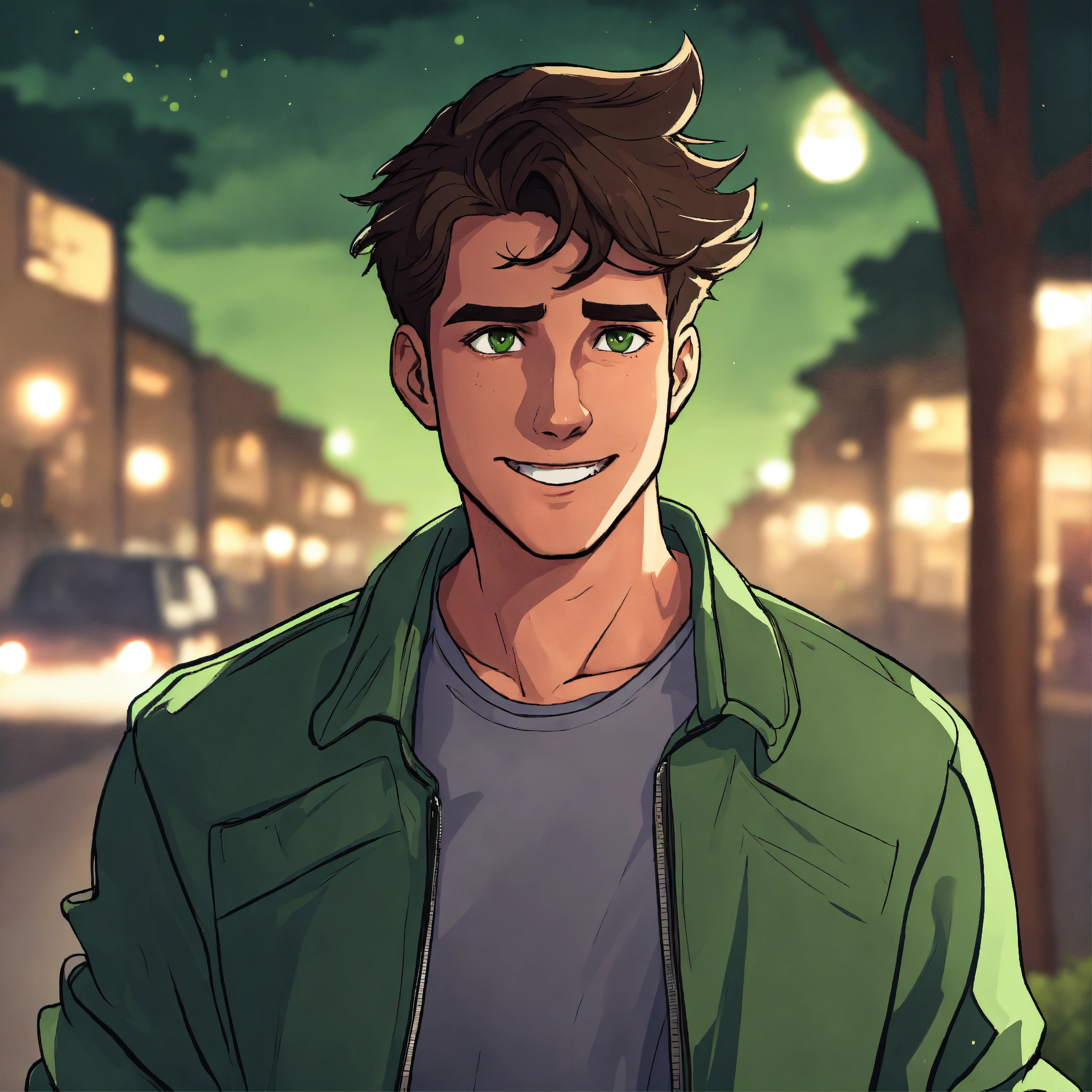 Lexica - Young man with dark brown hair with a parting, gray green eyes ...