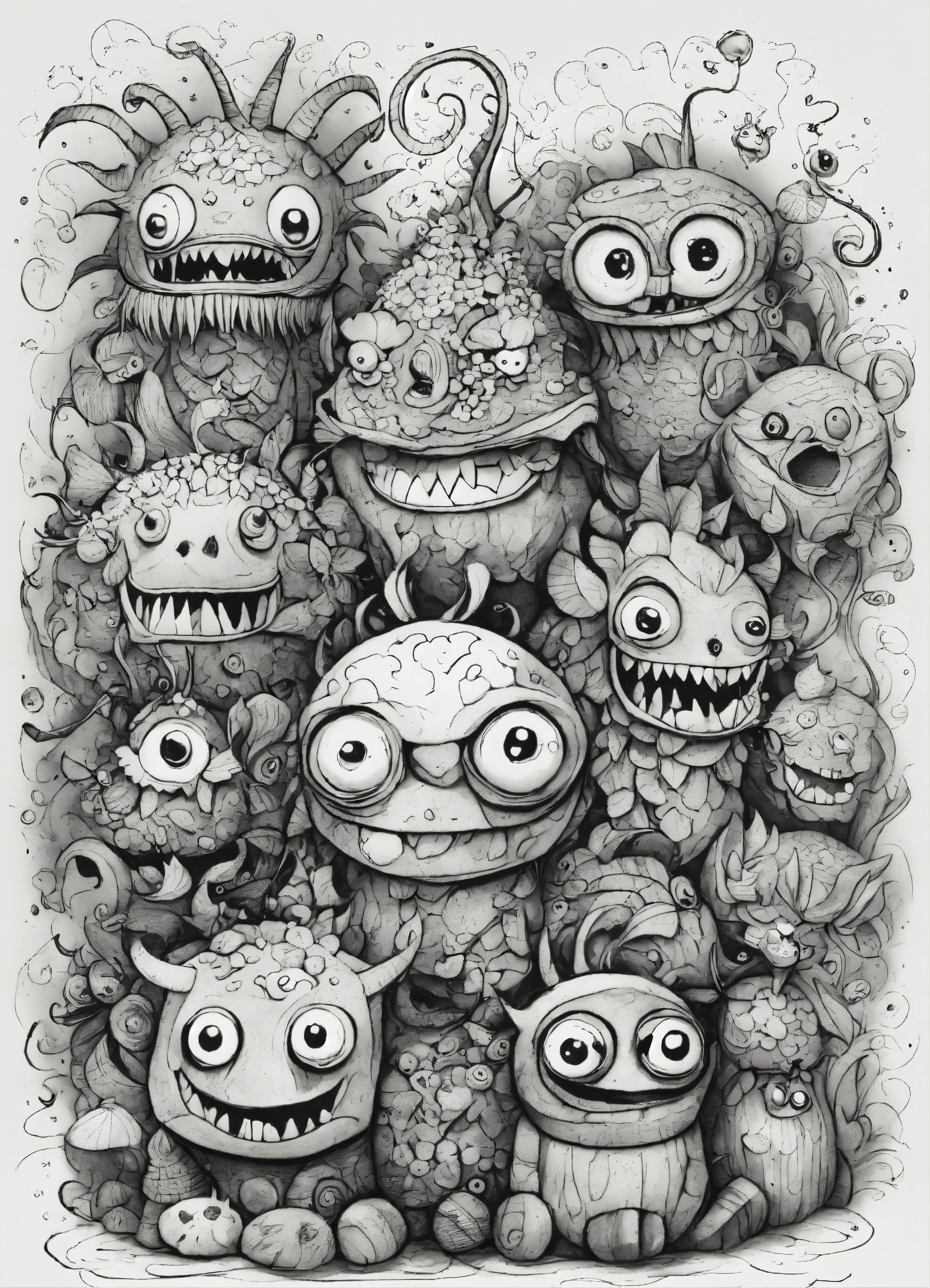 Lexica - Doodle funny kind and funny 5 monsters ink black and white