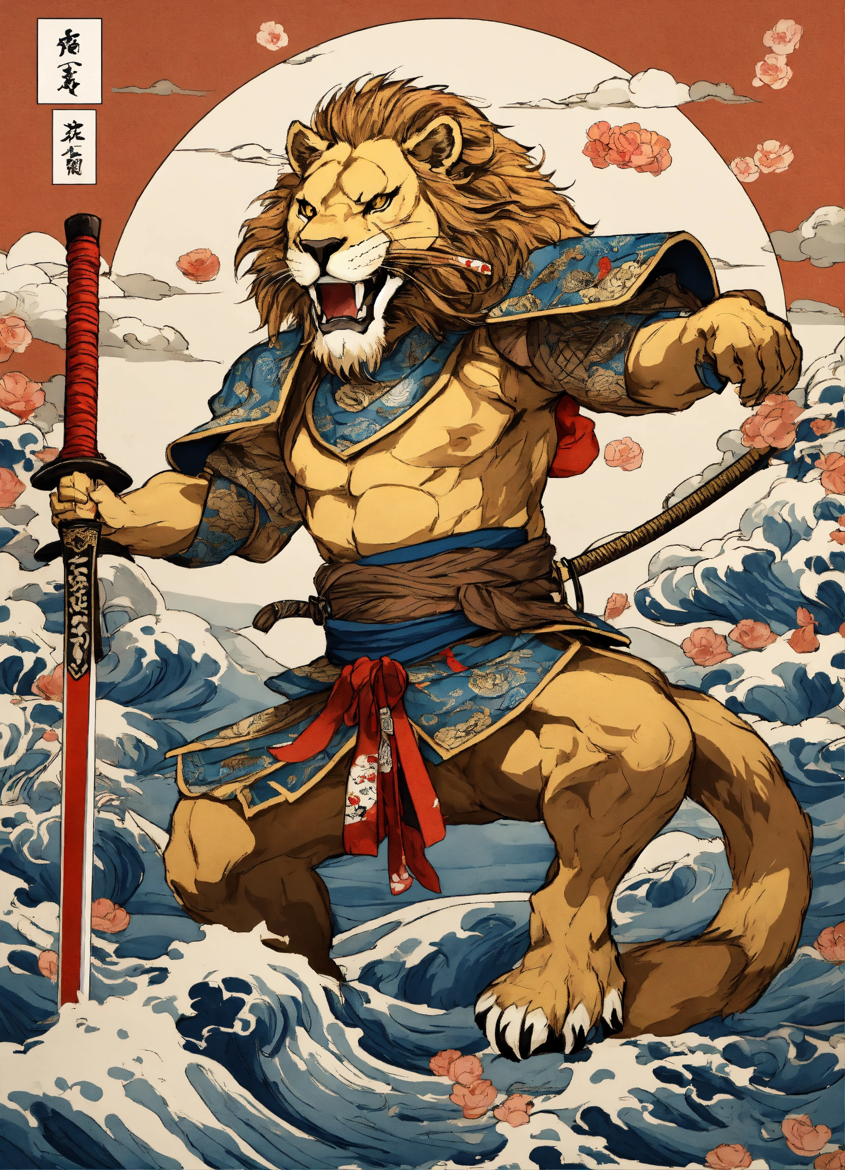 Lexica - There is a lion with a fish and a sword on a white background ...