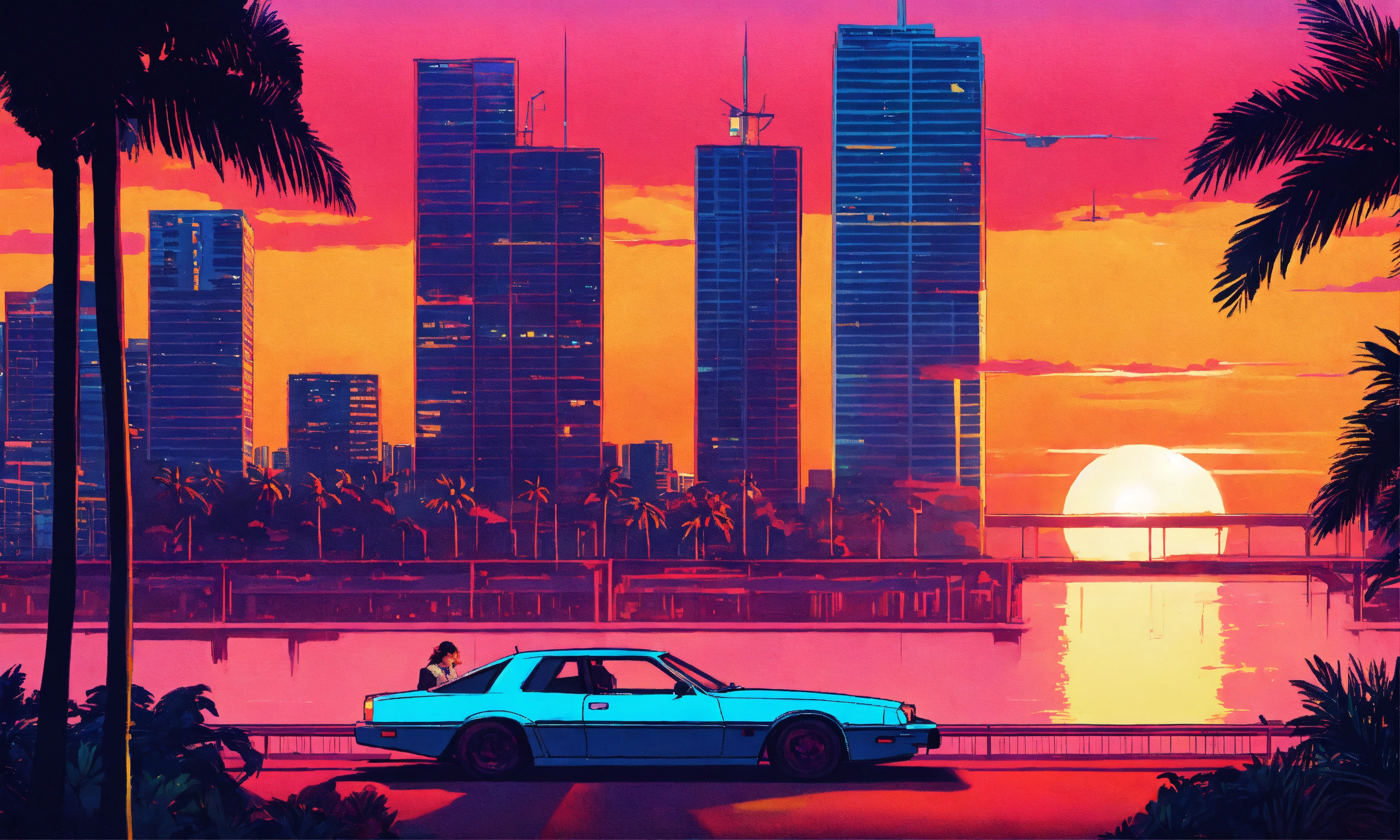 Lexica - Miami vice, lofi artwork, sunset skyline, 2d