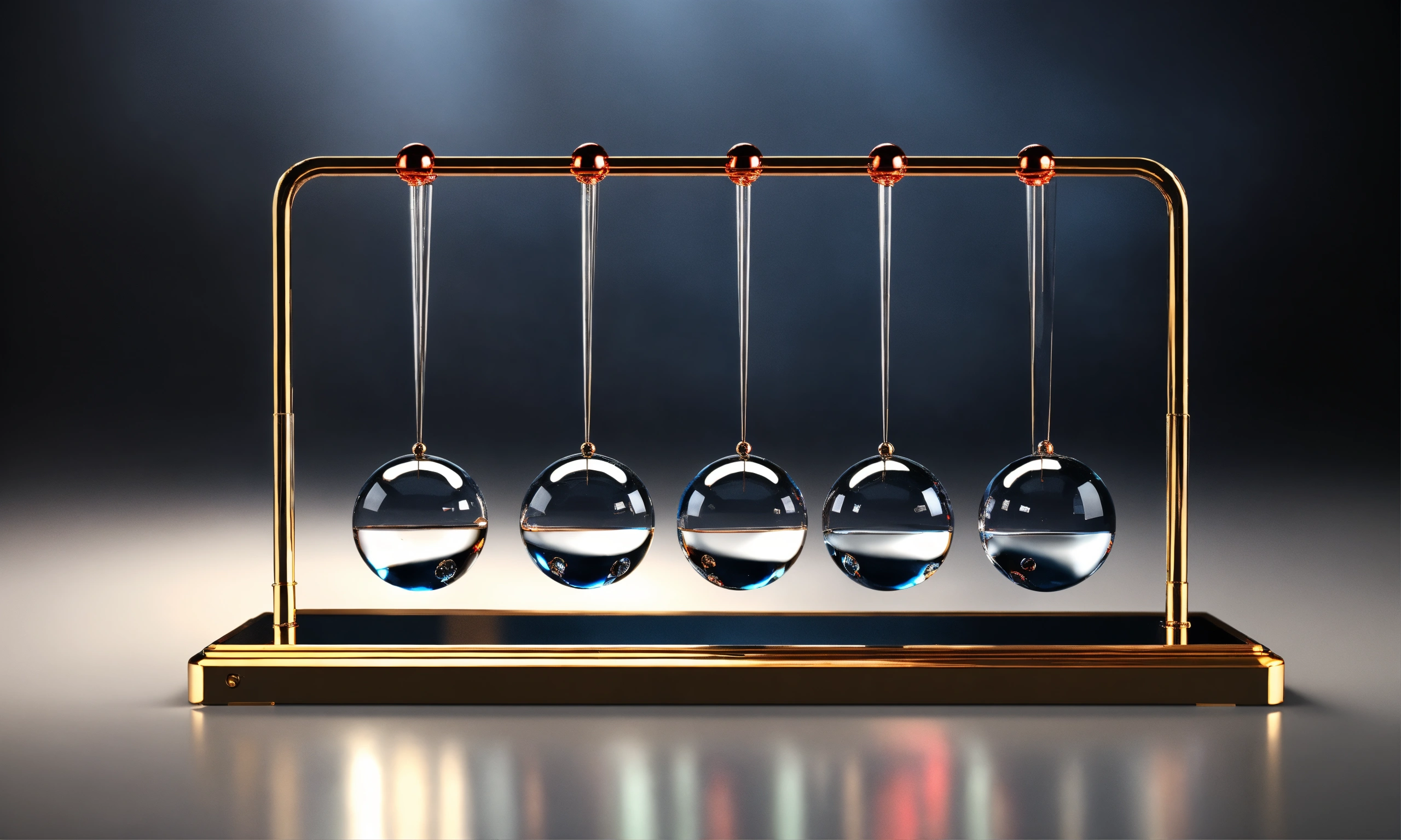 Lexica - Newton cradle, five crystal clear transparent pendulums, one  pendulum isolated, crystal stand, photo-realistic, 8K, high definition