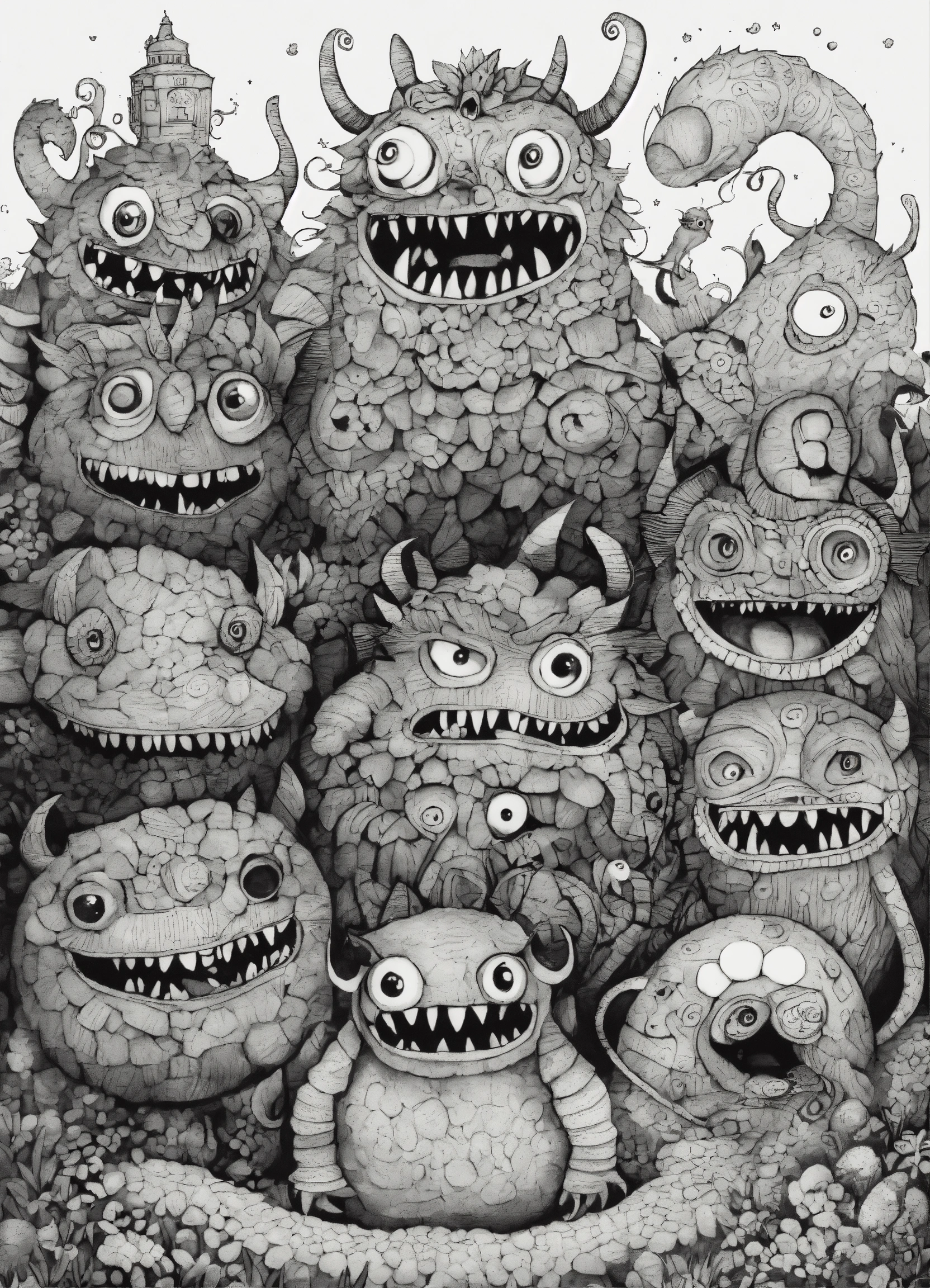 Lexica - Doodle funny kind and funny 5 monsters ink black and white