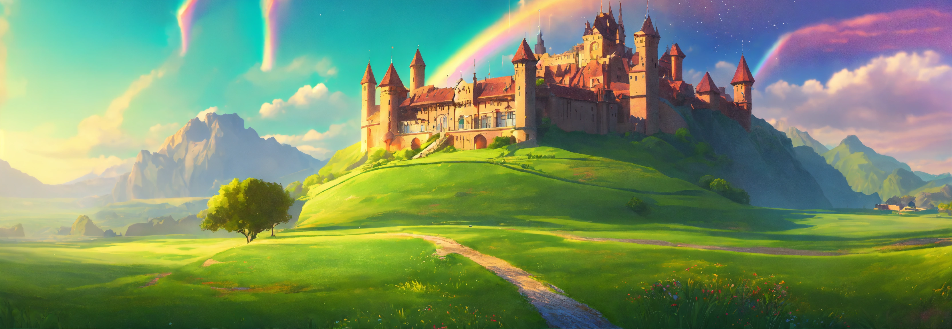 Lexica - Fantasy cartoon landscape with a green field with moutains and ...