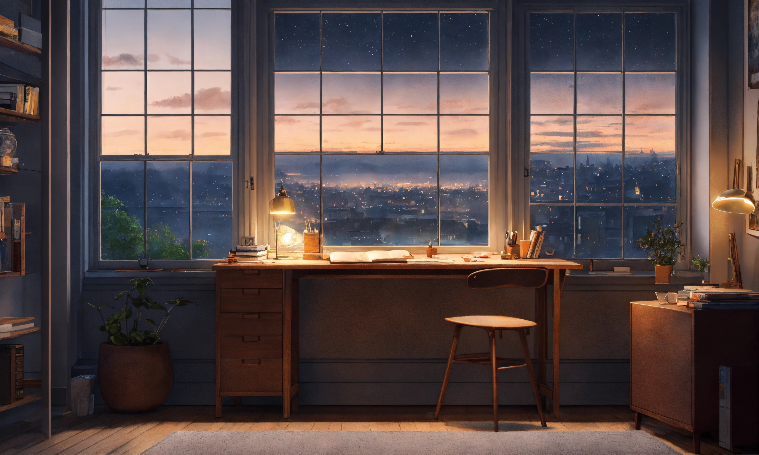 Lexica - Wooden study desk against white walls, grey washed, big window ...