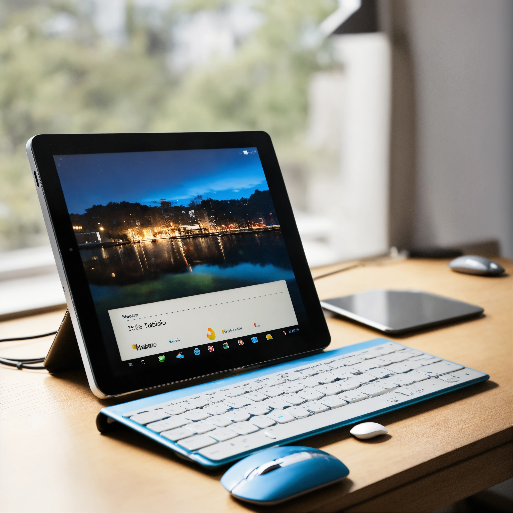 Lexica - A photo of a tablet PC. The tablet is sitting on a desk, next ...