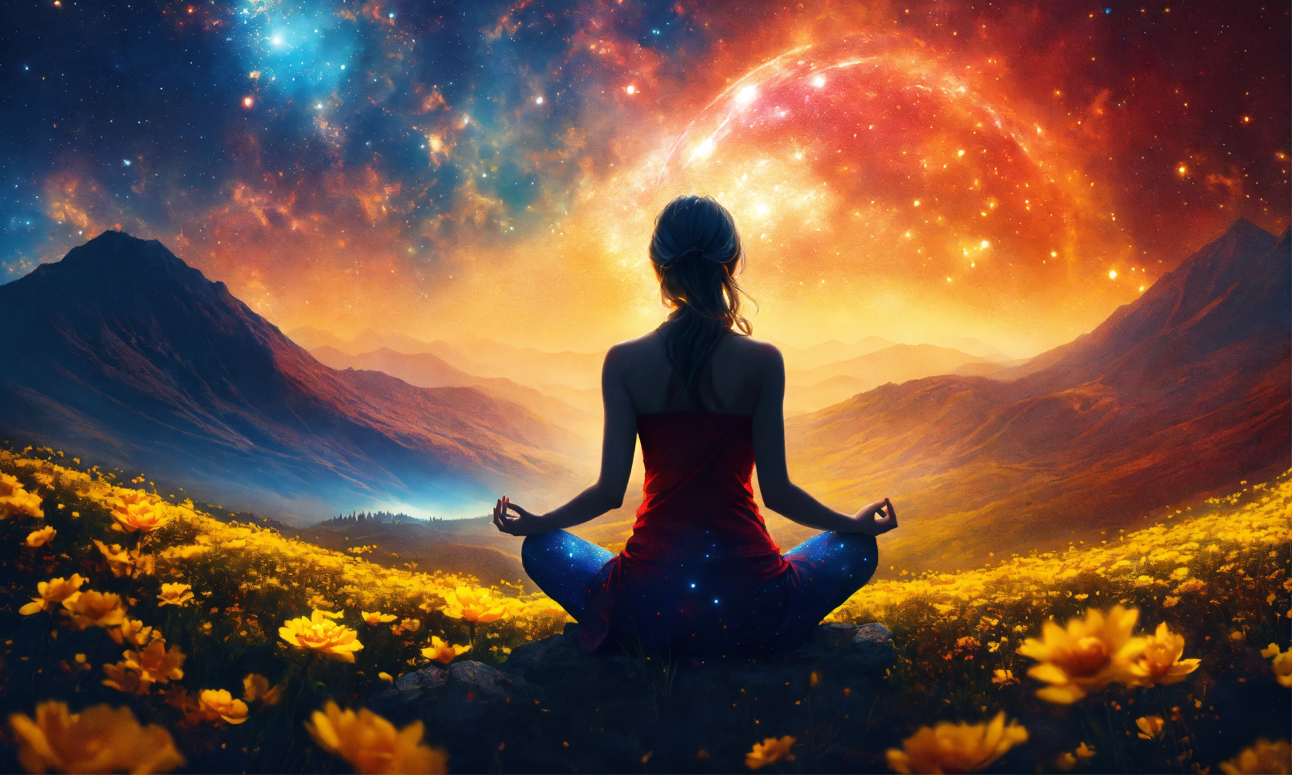 Lexica - Beautiful woman in Meditation posture, mountain, a vast field ...