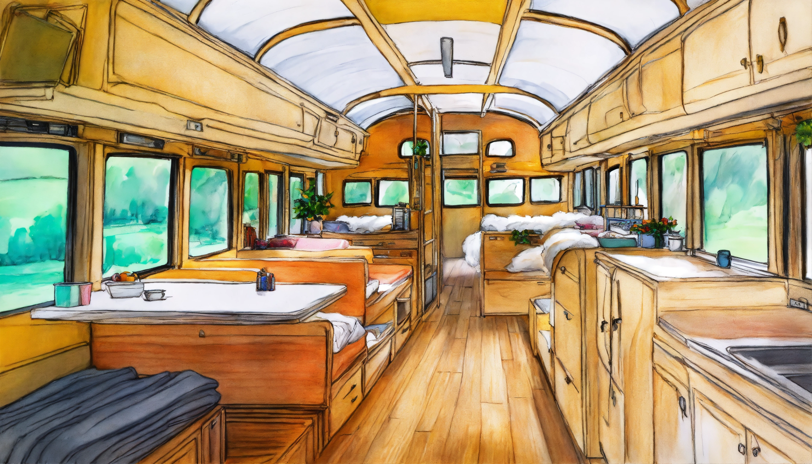 Lexica - Color pencil sketch style, interior of long converted school ...