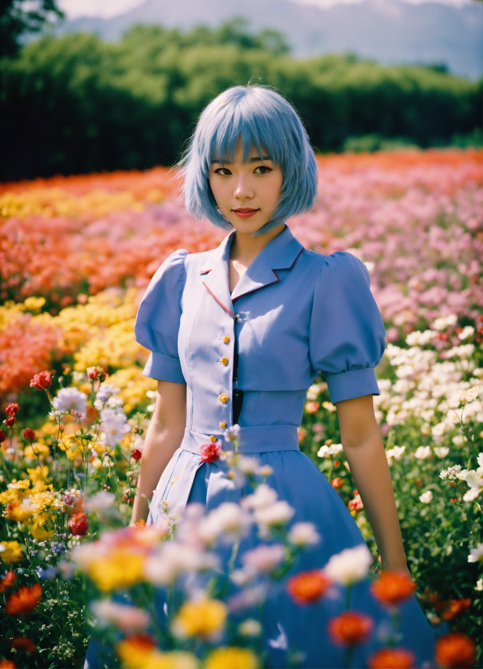 Lexica Happy Rei Ayanami standing in a beautiful field of flowers