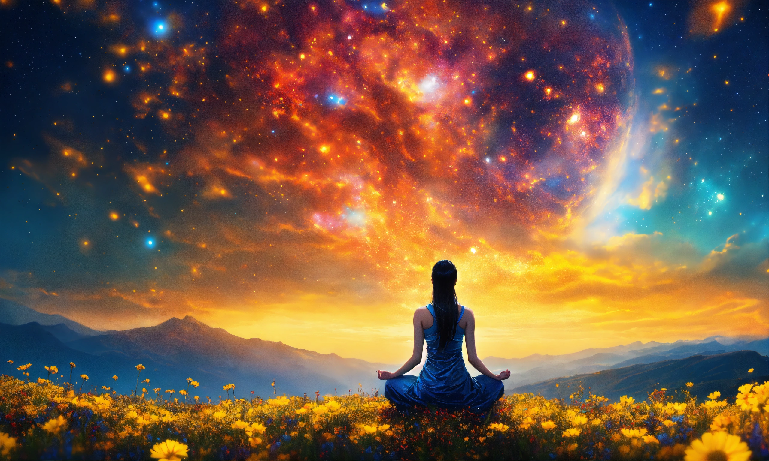 Lexica - Beautiful woman in Meditation posture, mountain, a vast field ...
