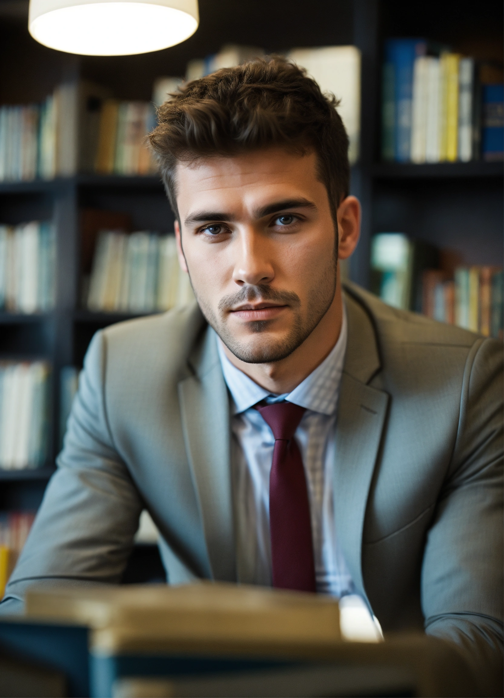 Lexica - Business man, looking at camera, dans une bibliothèque, homme ...