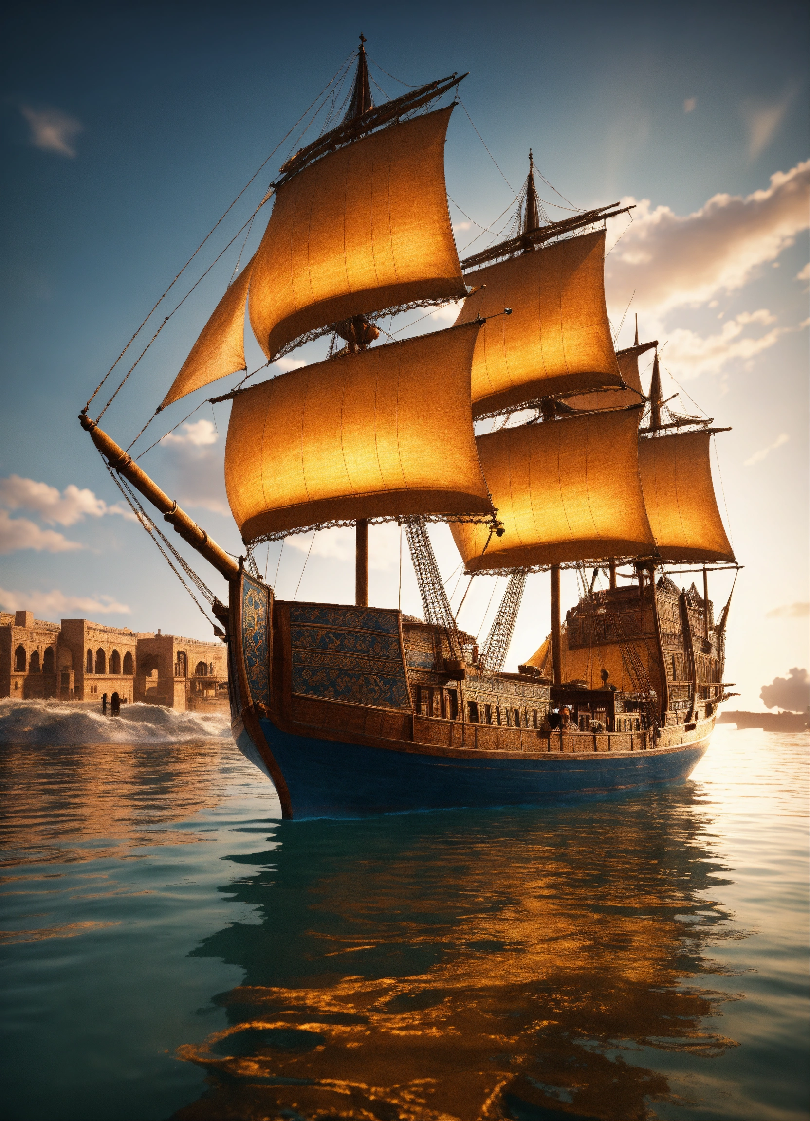 Lexica Xebec ship sailing on the sea, with Persian town based on
