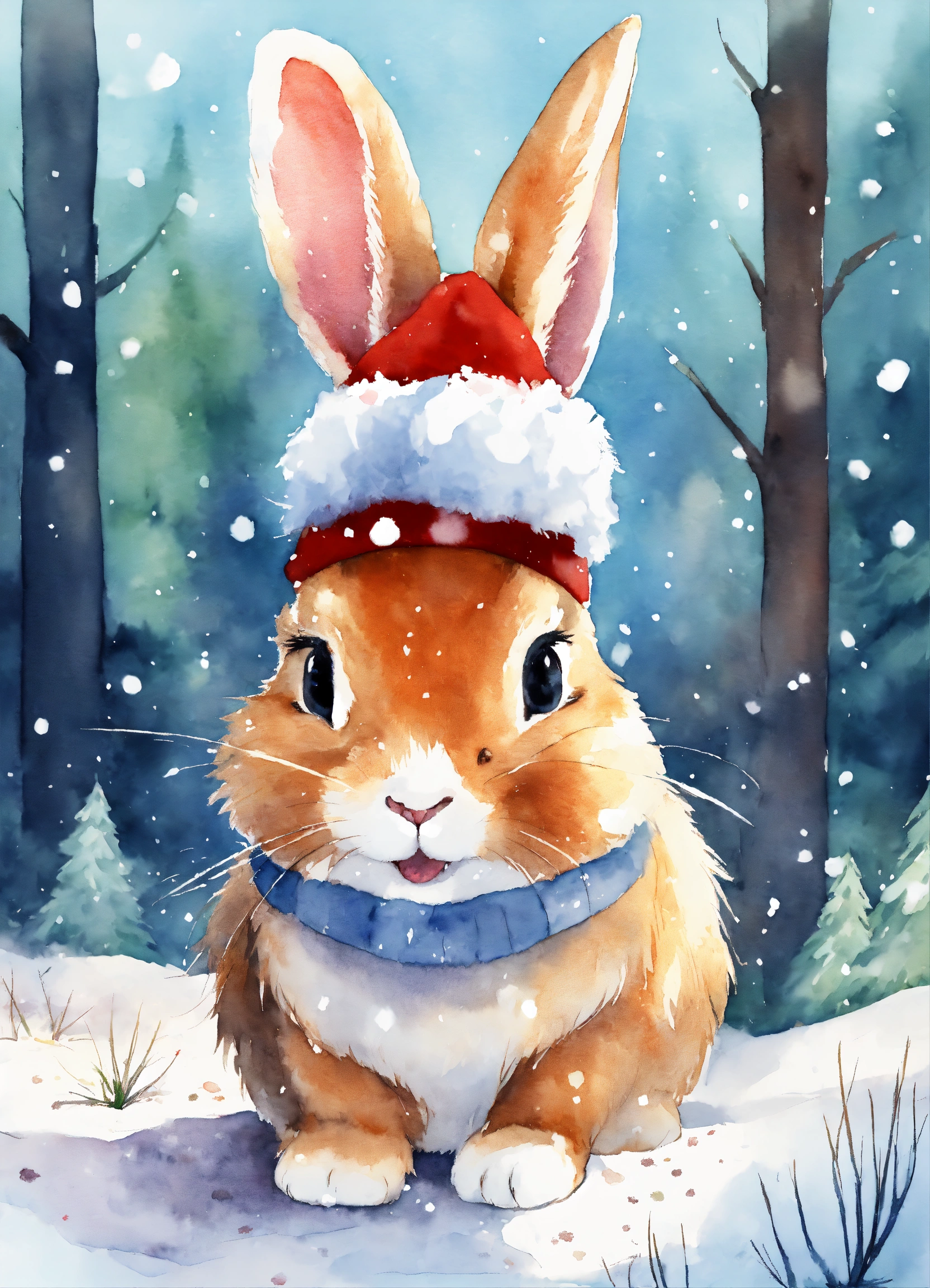 Lexica - A cute happy rabbit in forest with Christmas hat , ,snow ...