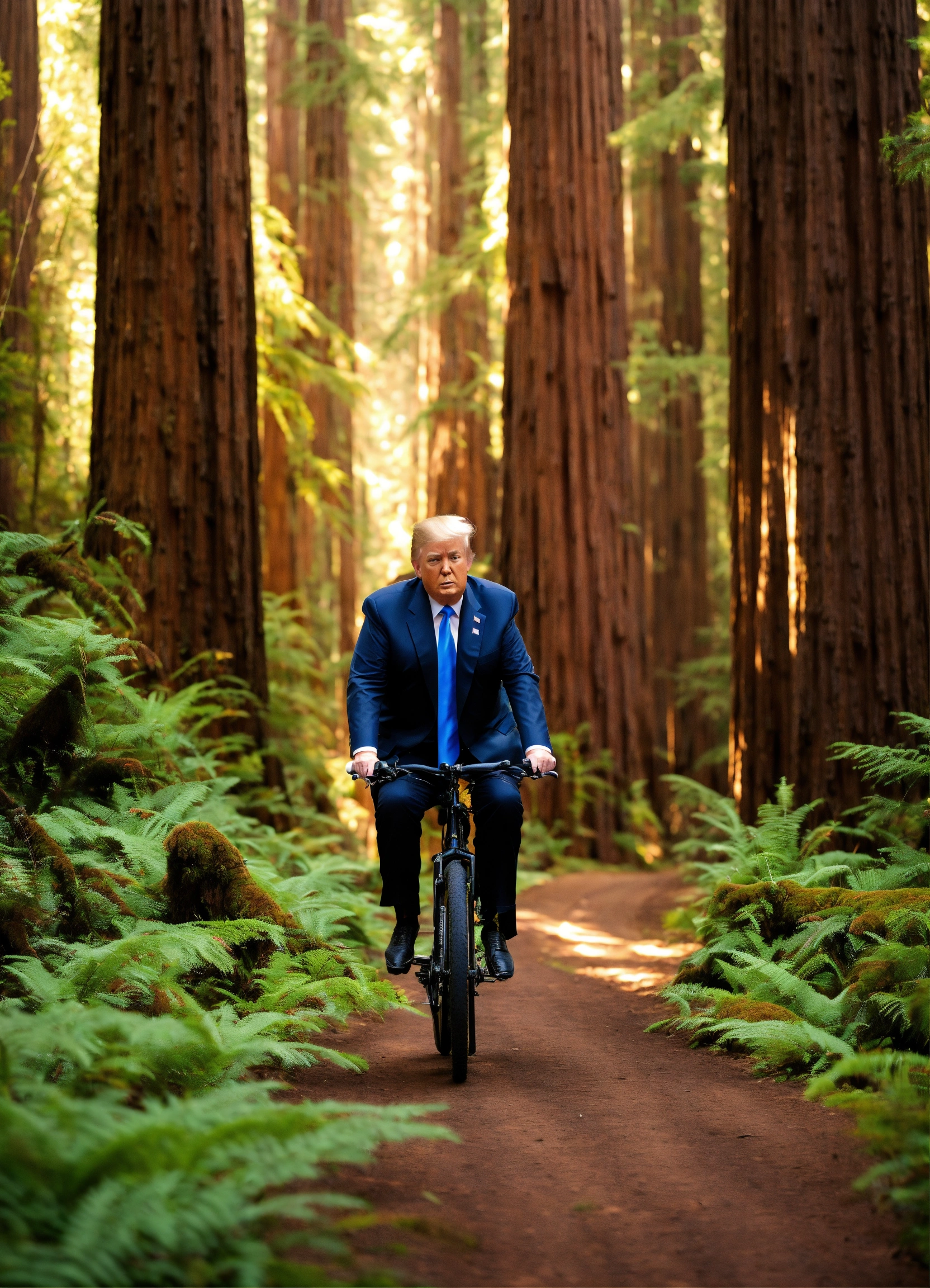 Lexica - Donald trump biking in a redwood forest