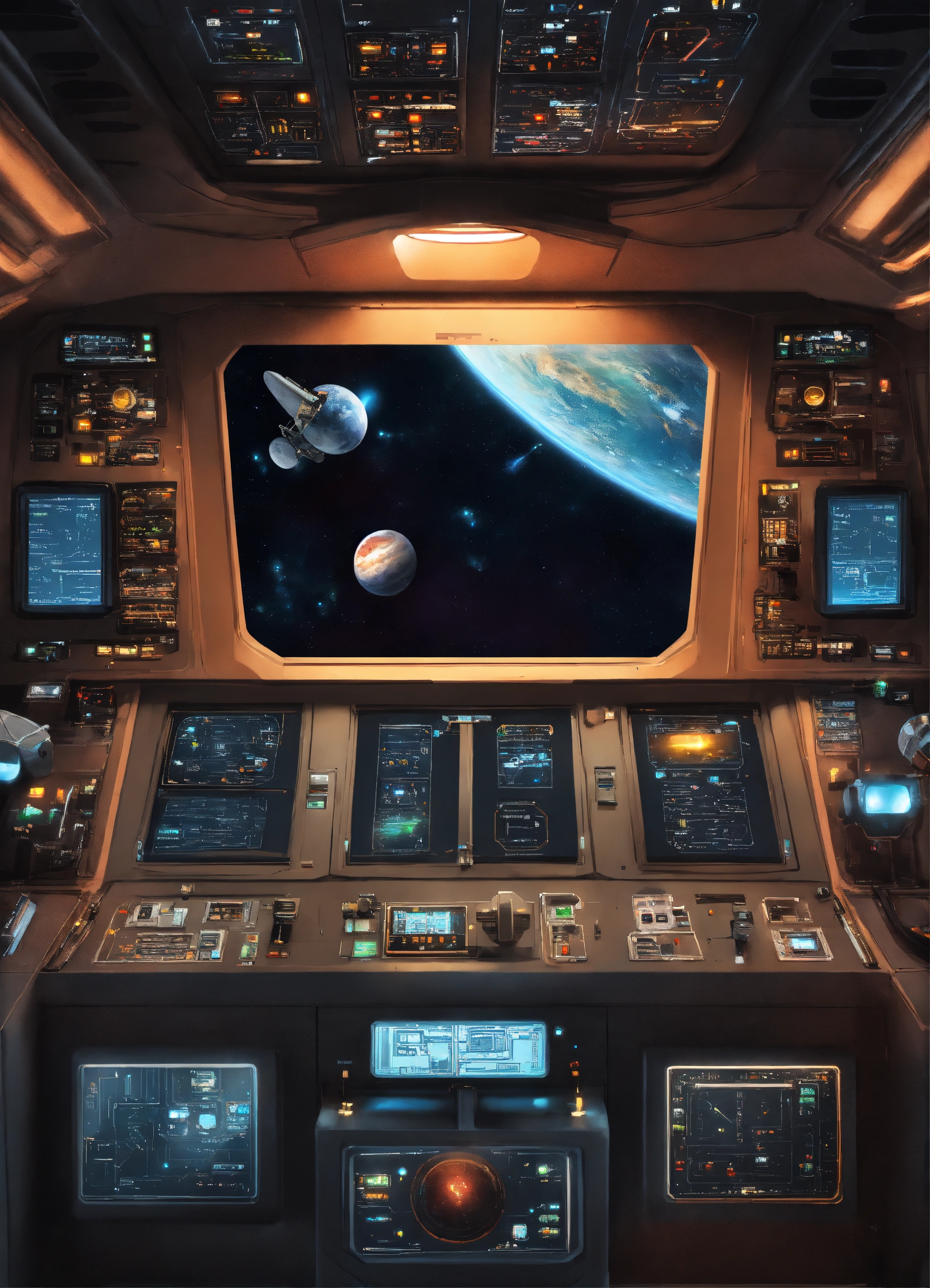 Lexica - Spaceship, control panel. Realistic space view