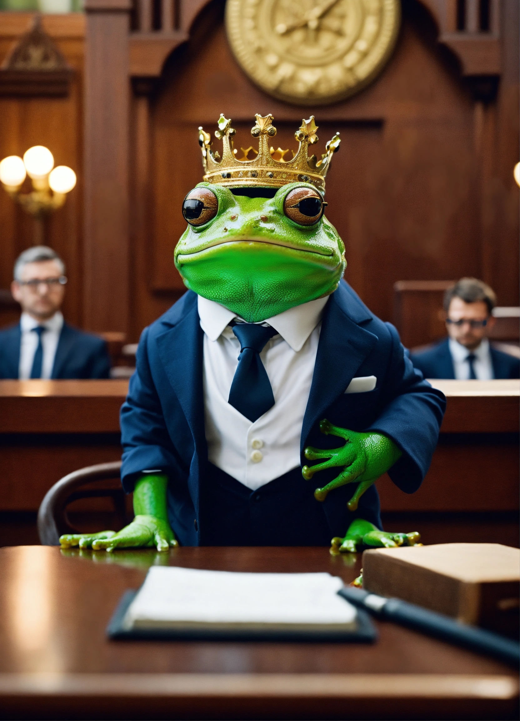 Lexica - Cute frog in suit and glasses in crown court defending warm in ...