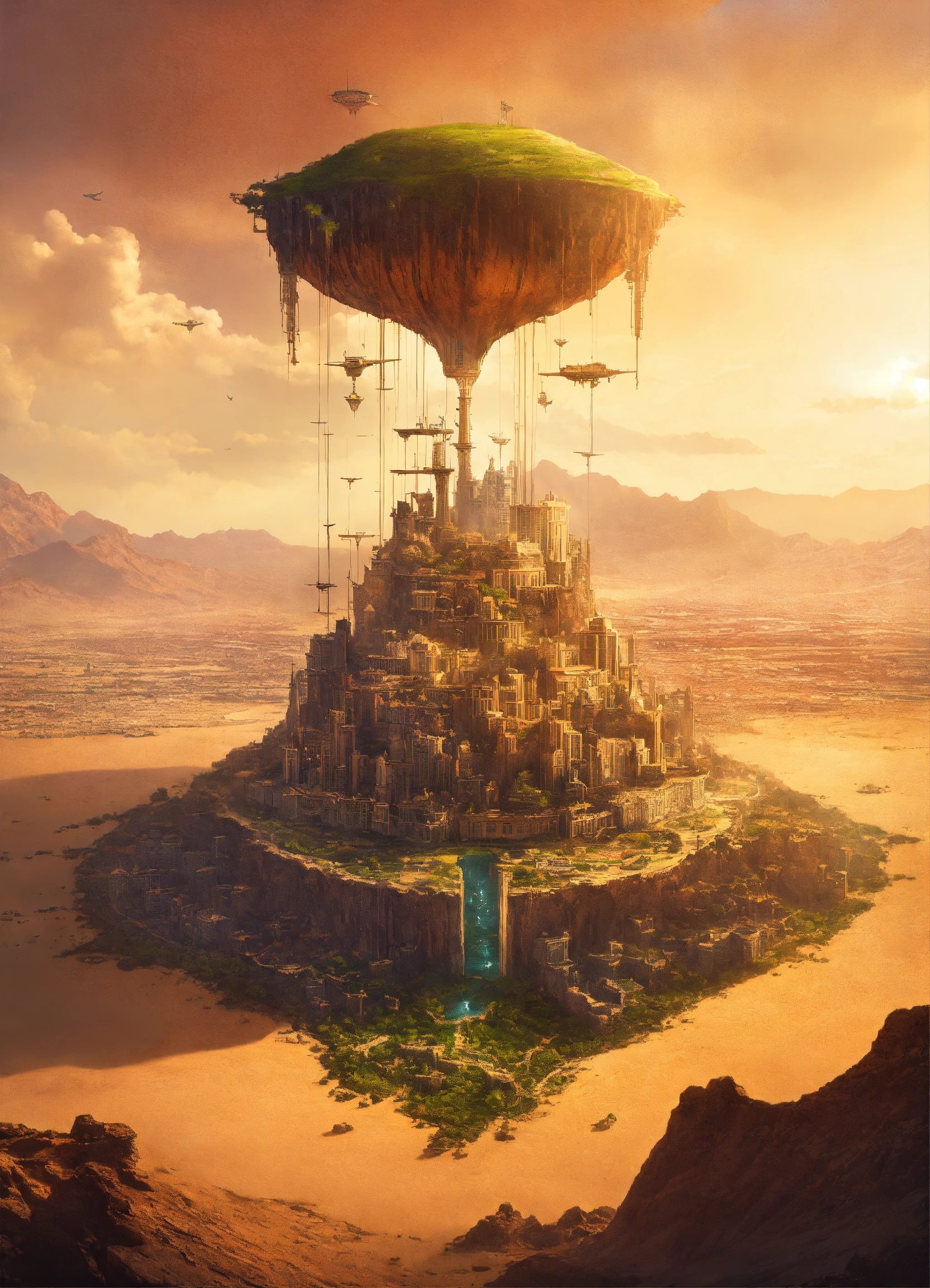 Lexica - A flying island with a city on top in the middle of the desert ...