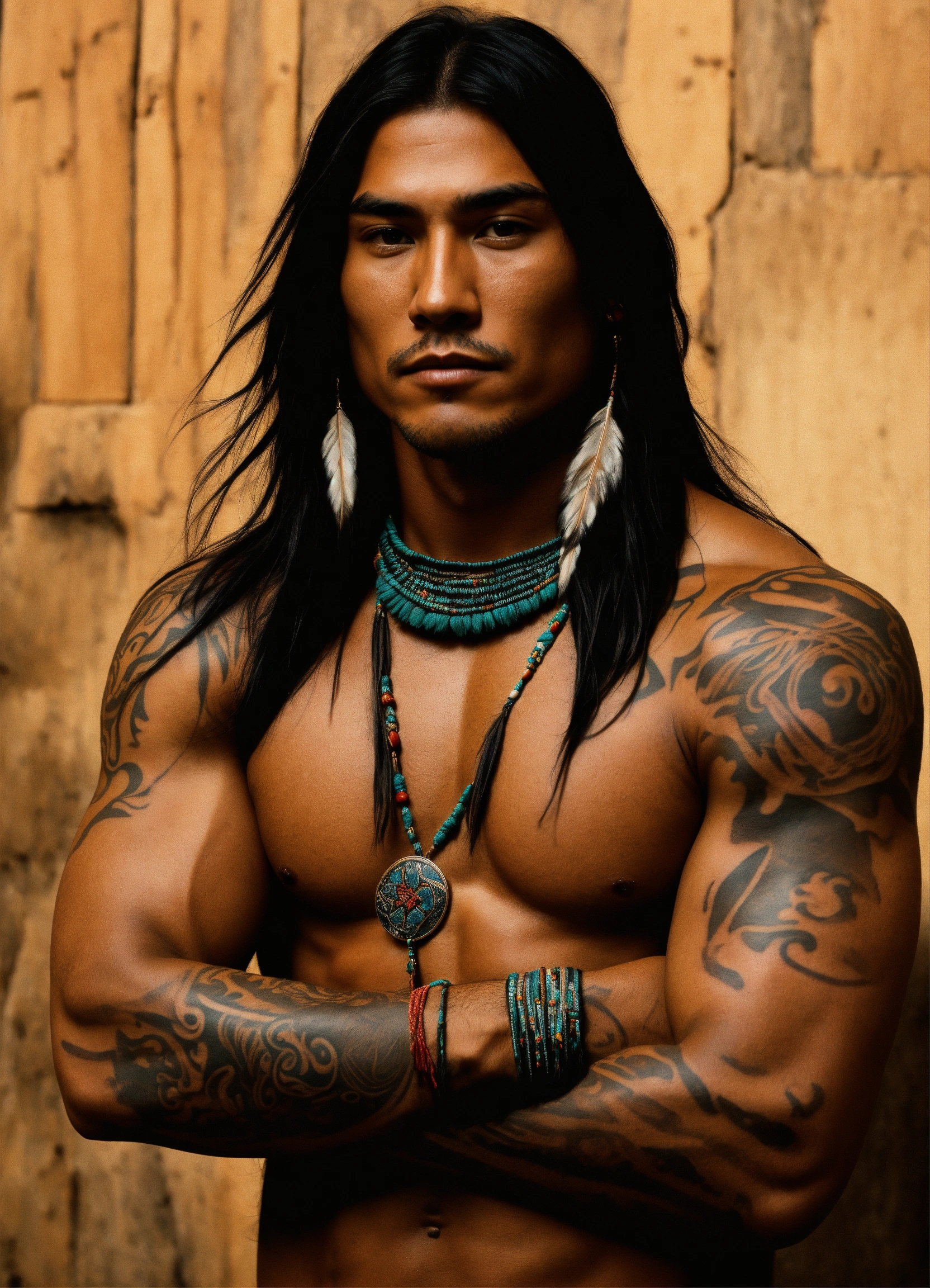 Lexica - Native American Tan Skinned Male Arms Crossed Long Hair tattoos