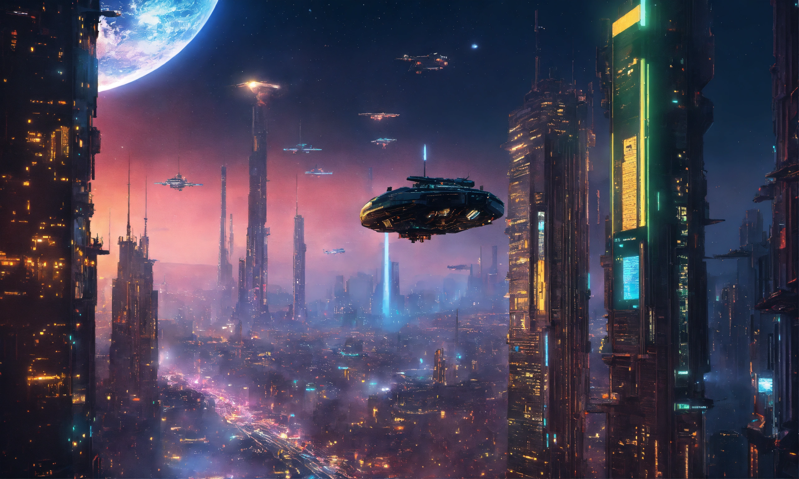 Lexica - Cyberpunk city with spacecraft flying in the night sky, ultra ...