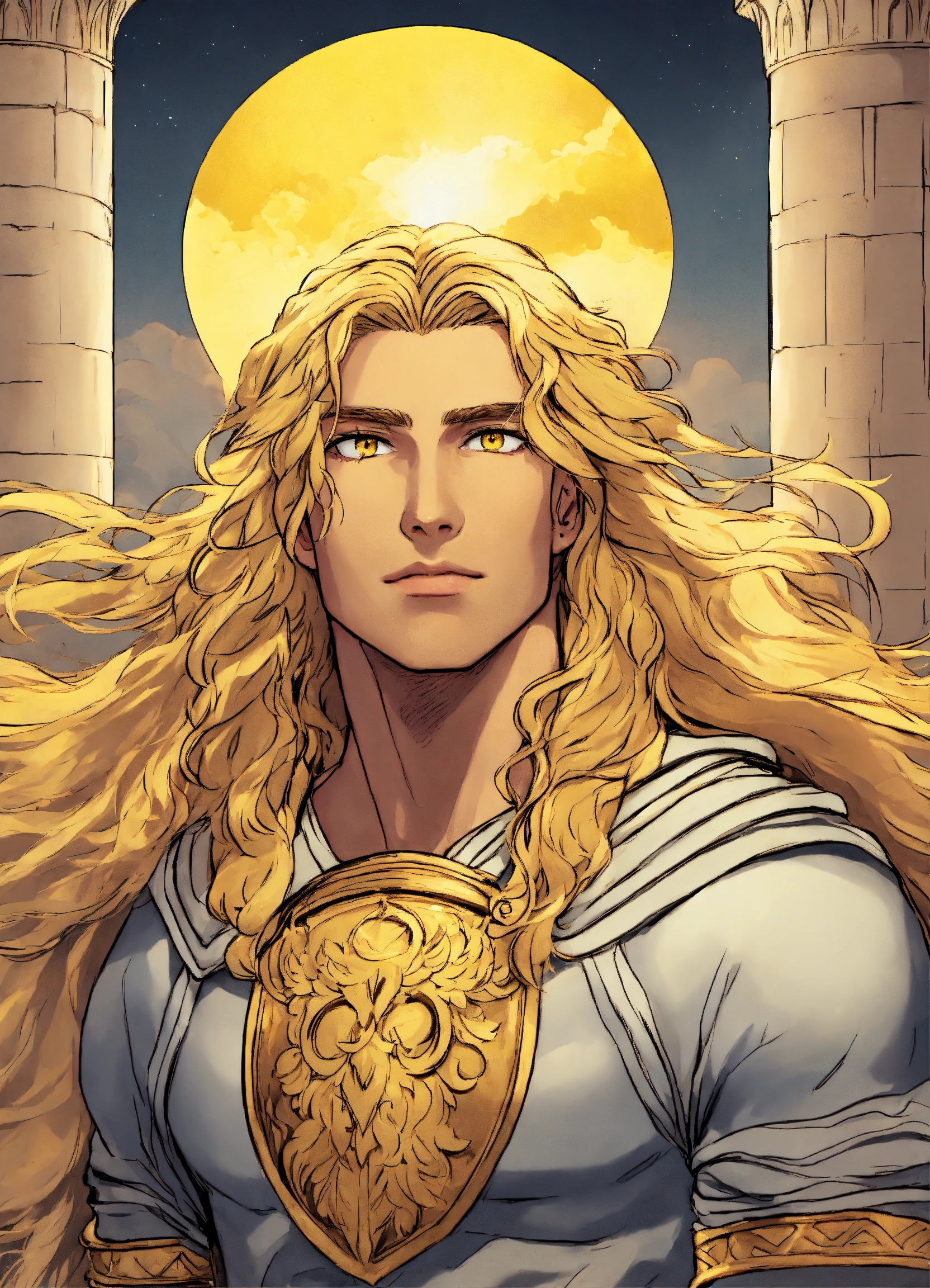 Lexica - A blonde long haired Apollo with yellow eyes at a greek castle ...