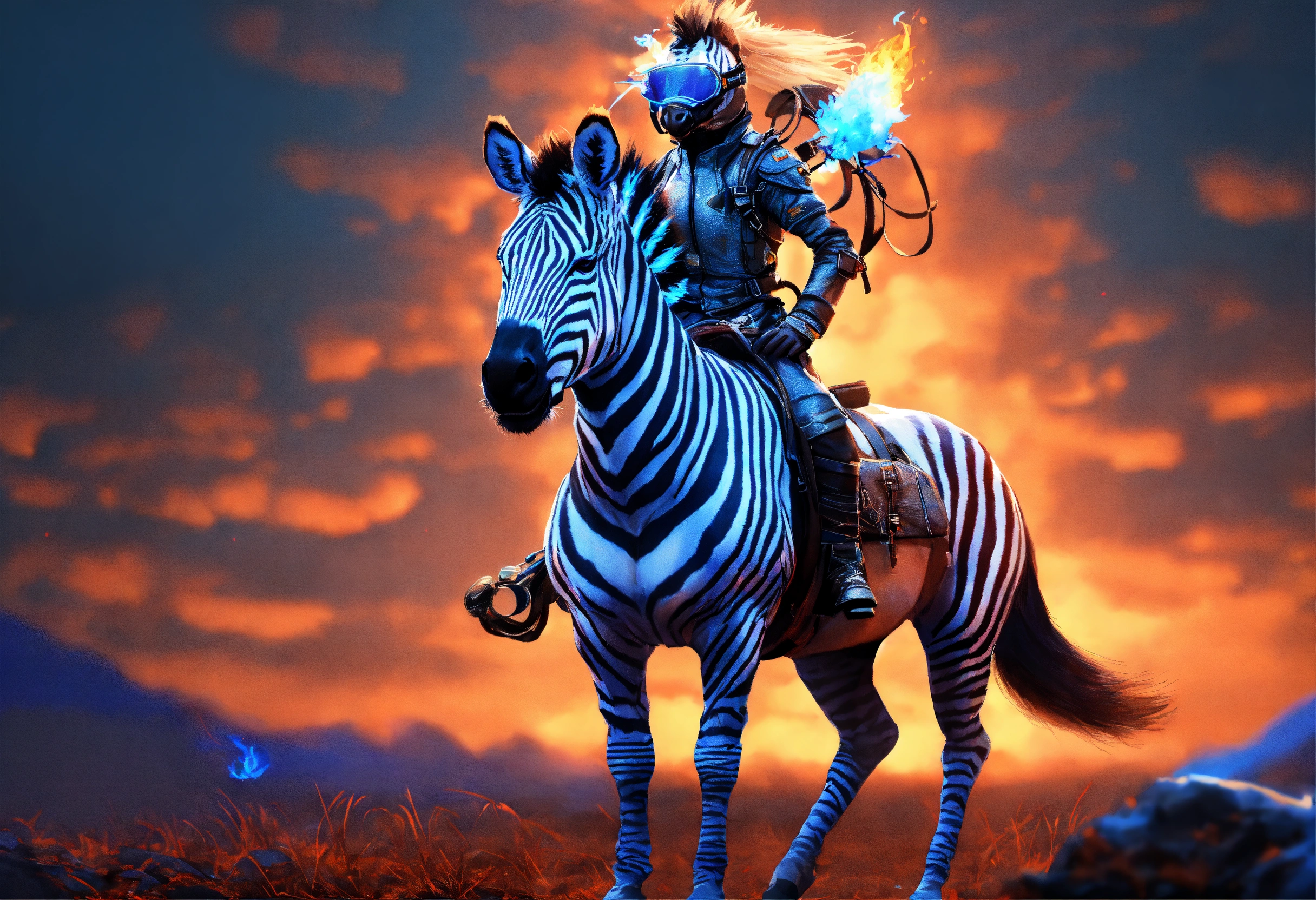Lexica - Zebra with riding gear, with a mane and tail of blue flame