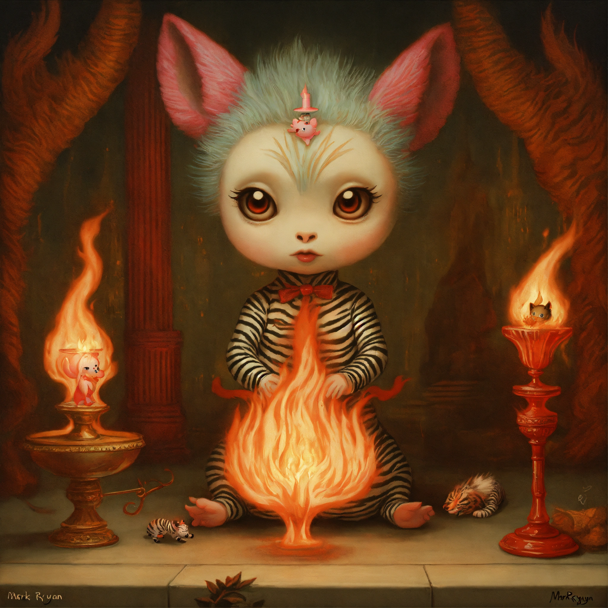 Lexica - A cute monster and a zebra in flames by mark ryden