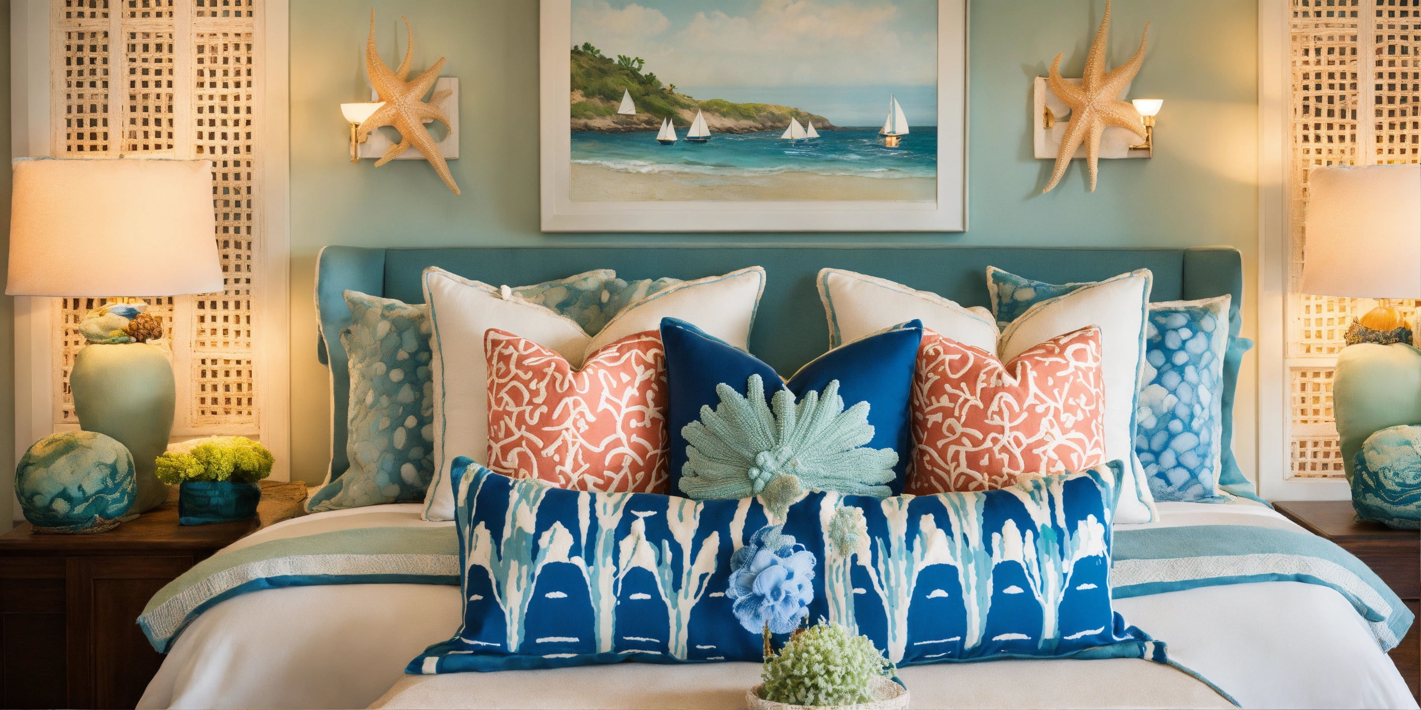 Lexica Create images of luxury decorative accent pillows inspired by Coastal Hamptons style. The pillows should feature soft hues of blues seafoam