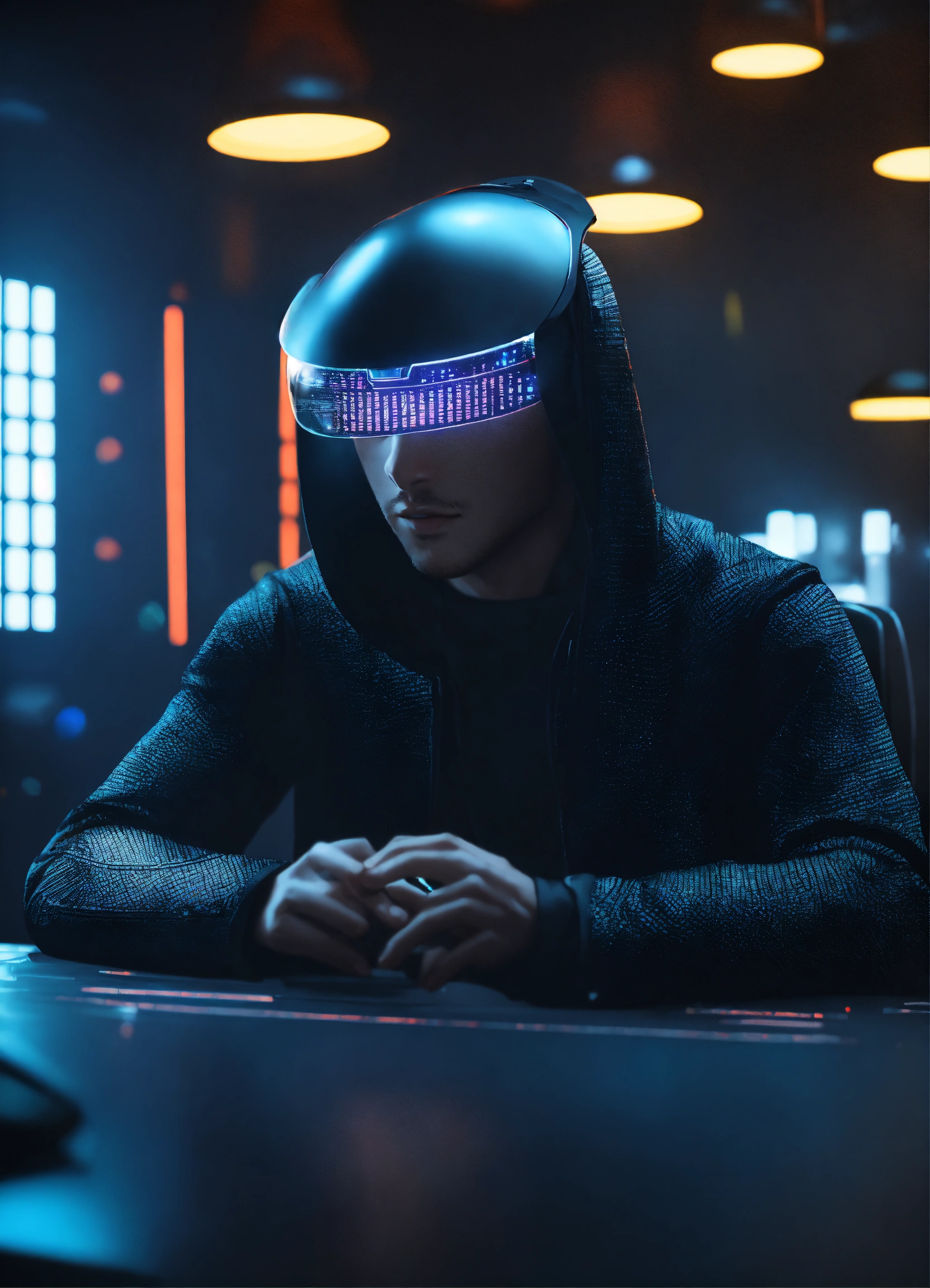 Lexica - Nerdy 25 year old male hacker wearing futuristic black ...