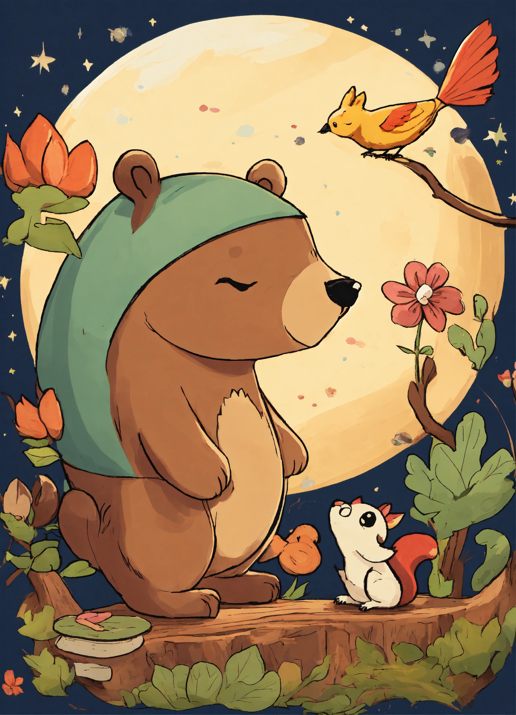 Lexica - Bear, Bird, squirrel, Frog, wood, dream bearl to moon, Cartoon