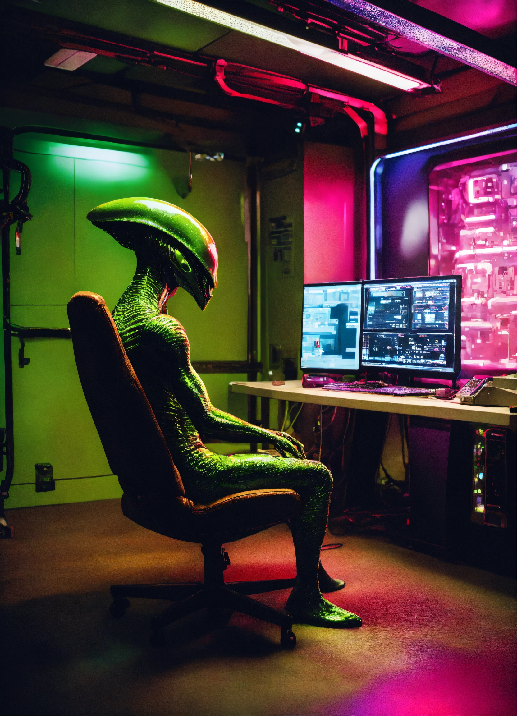 Lexica - Alien creature sitting in a chair in a high tech ontrol room