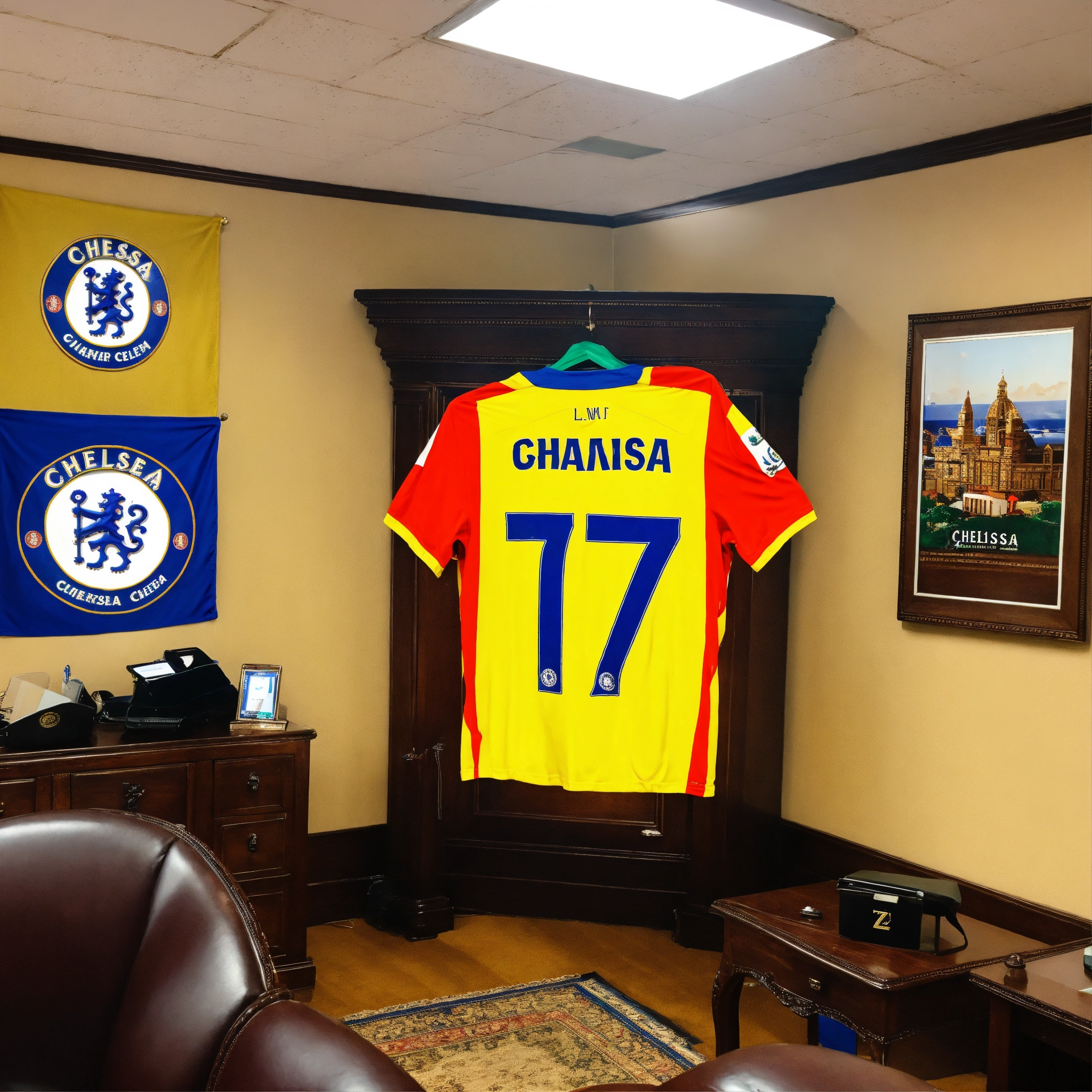 Lexica - Chelsea soccer jersey number 7 hanging next to Ghana flag in ...
