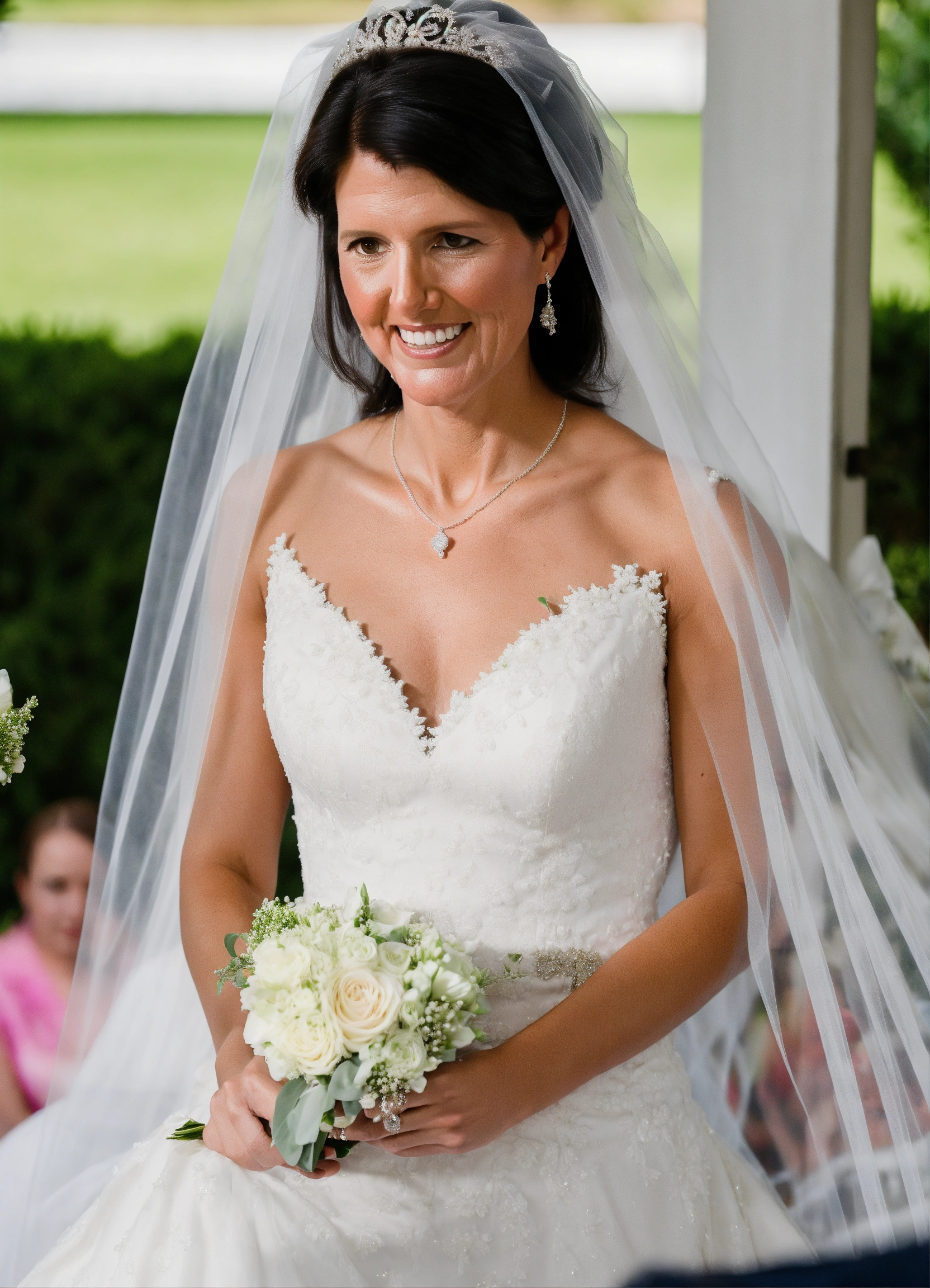 Lexica Closeup of Nikki Haley in a Beautiful white wedding dress