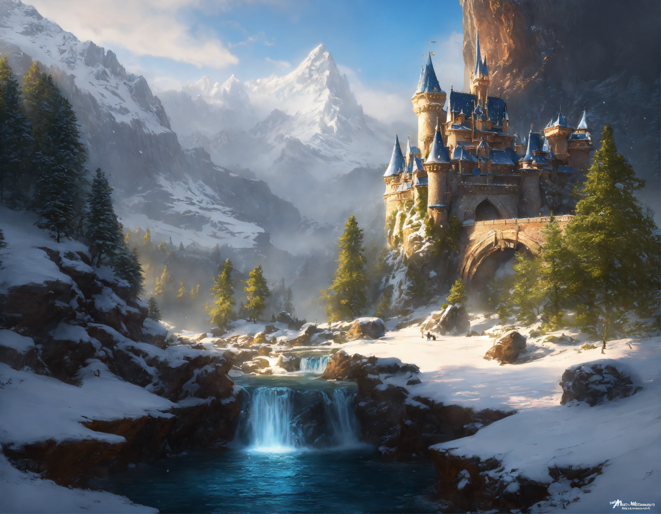 Lexica - Mountain castle disneyland, on top of a waterfall in the snow ...