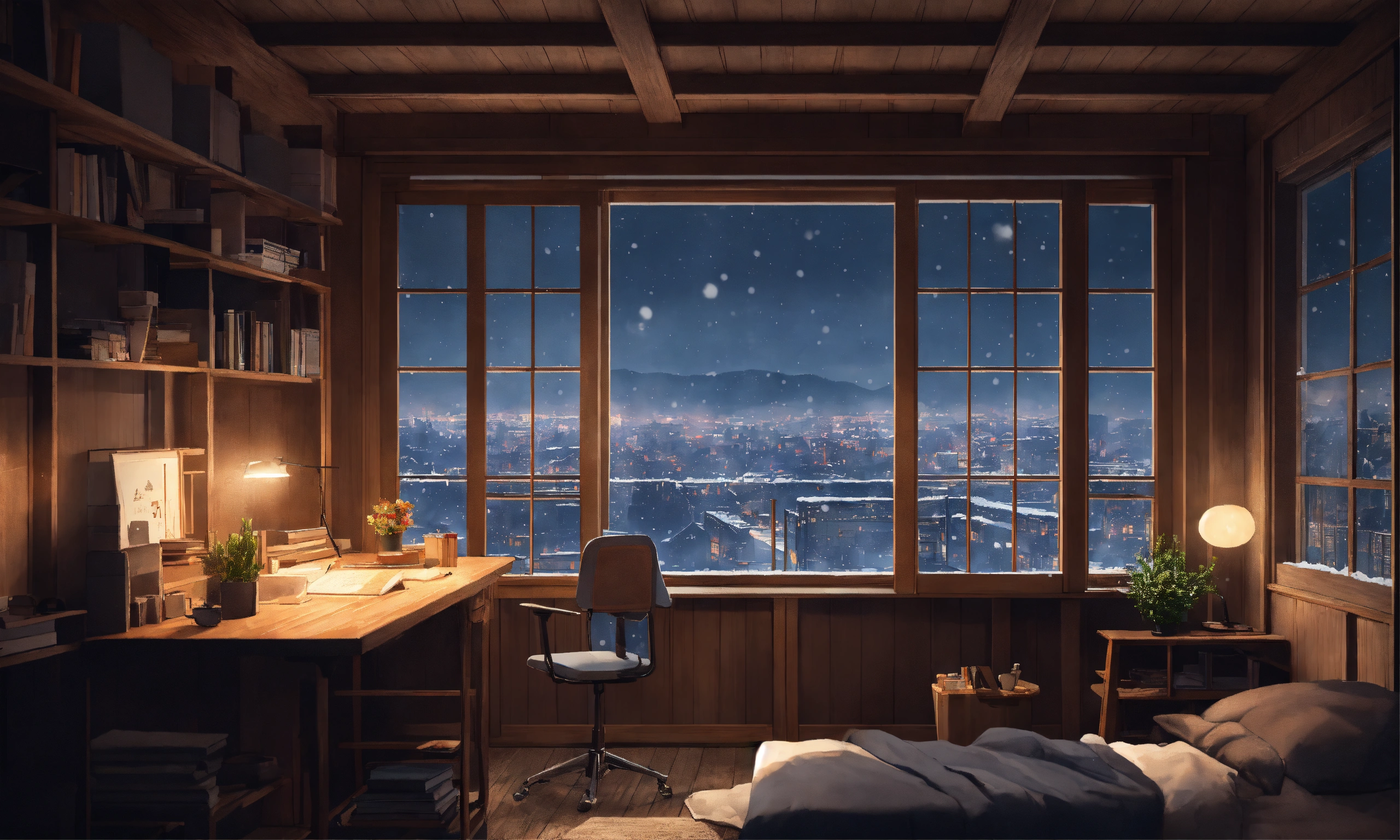 Lexica - Study room in forrest cabin, dark grey washed tints, studio ...