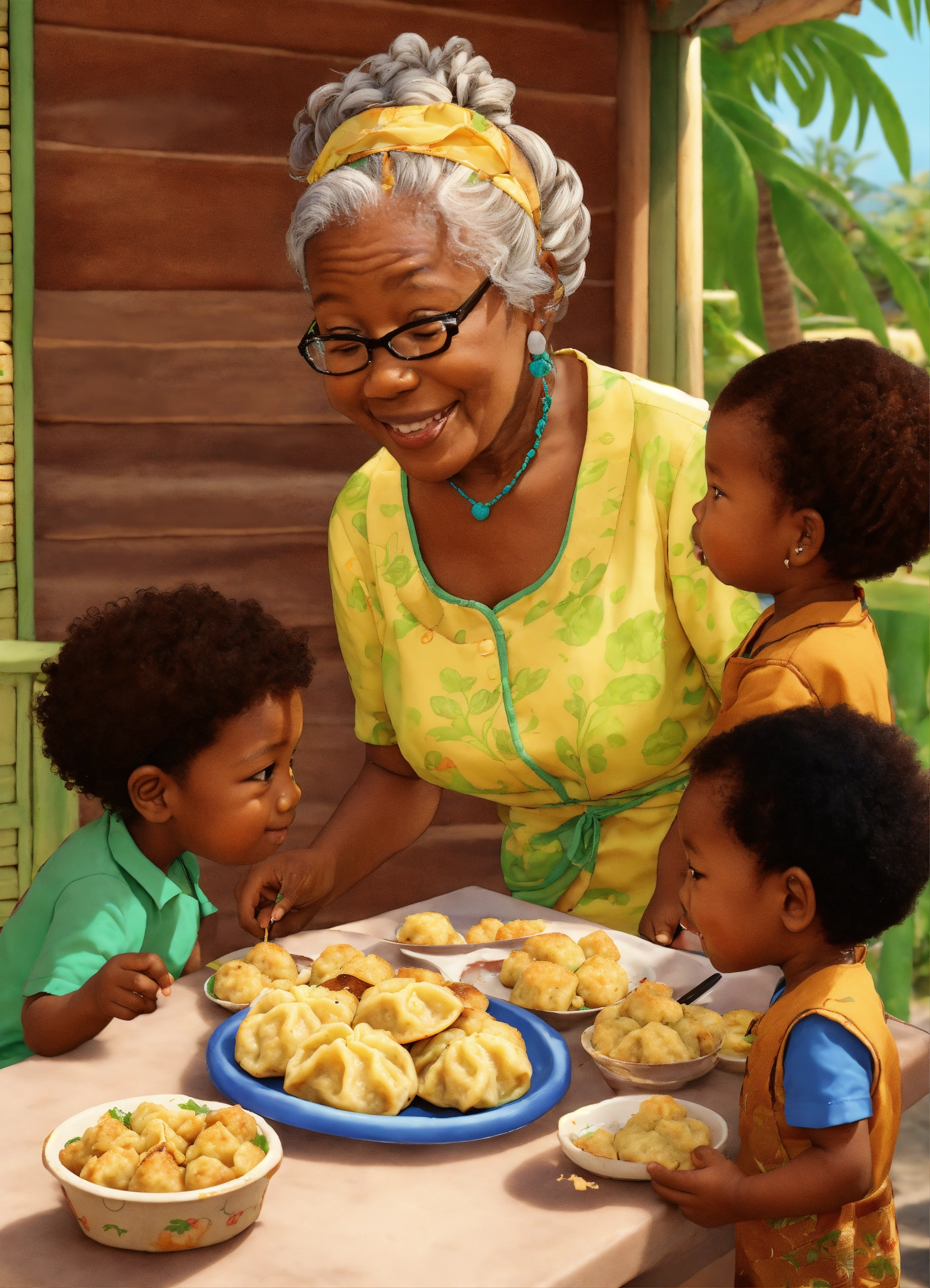 Lexica A cartoon of grandma sharing fried dumplings to three