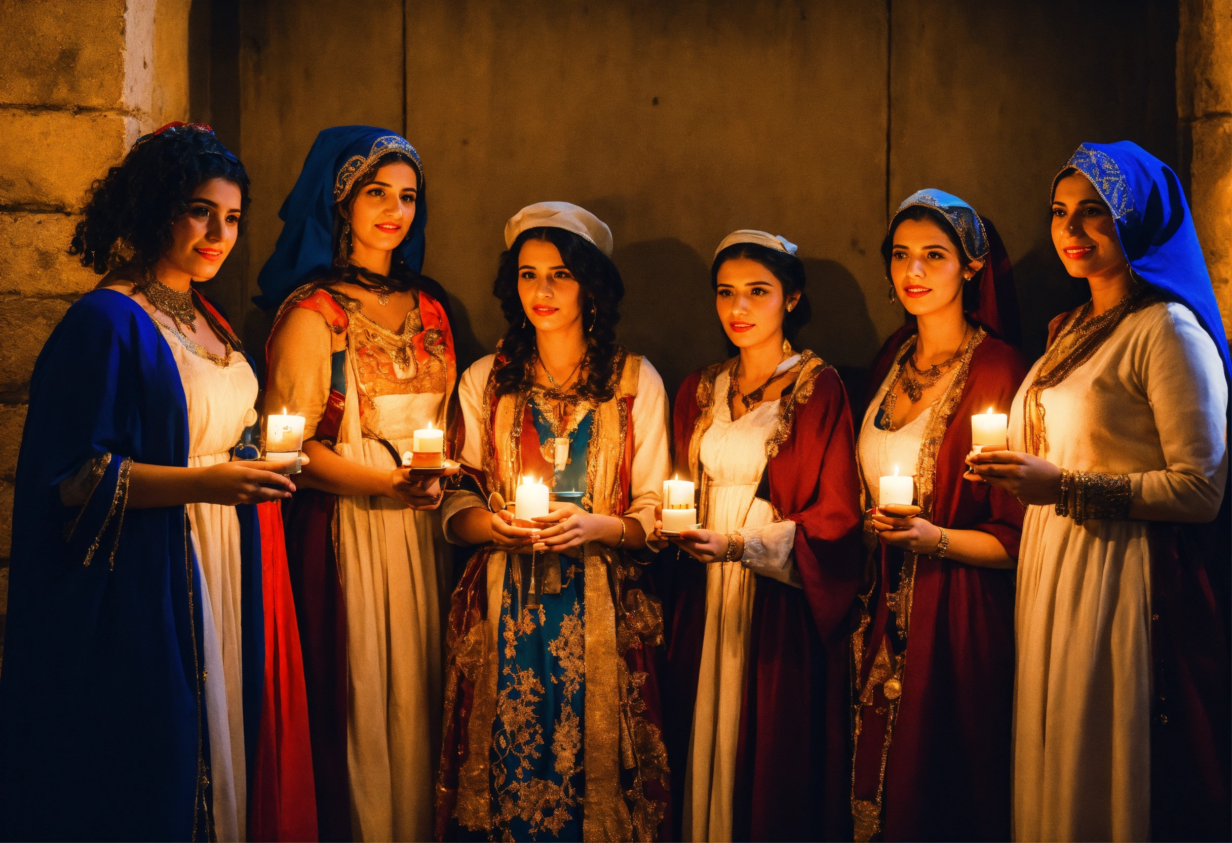 Lexica - 10 women in Israeli costumes, 5 of them holding a candle jar ...