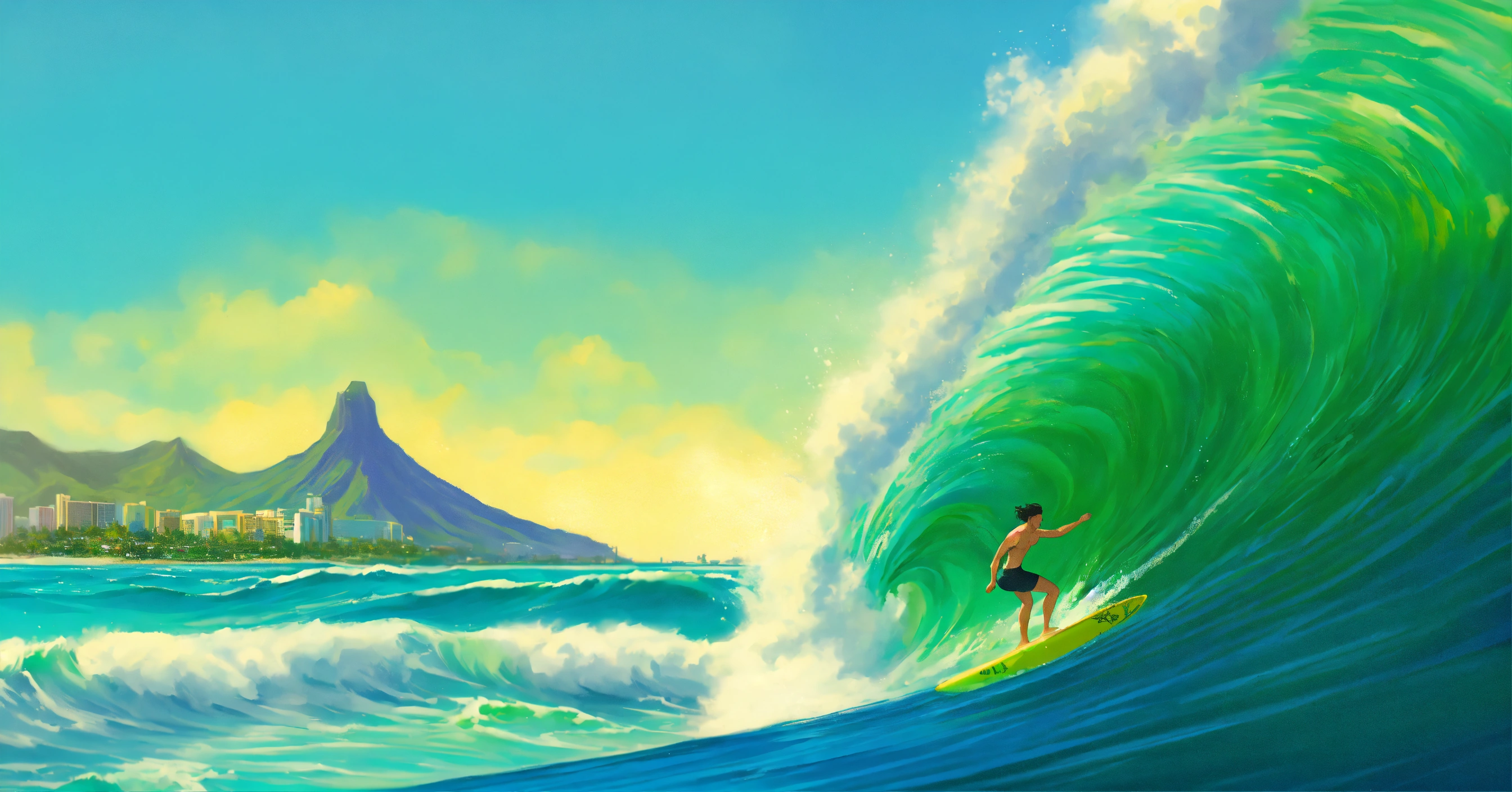 Lexica - Surfer riding a 6ft wave tube at Waikiki with Diamond head in ...
