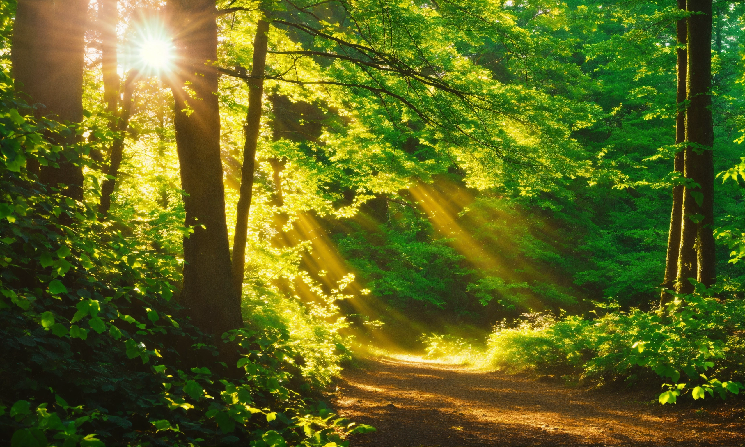 Lexica - Image of a peaceful forest with green leaves and sun rays
