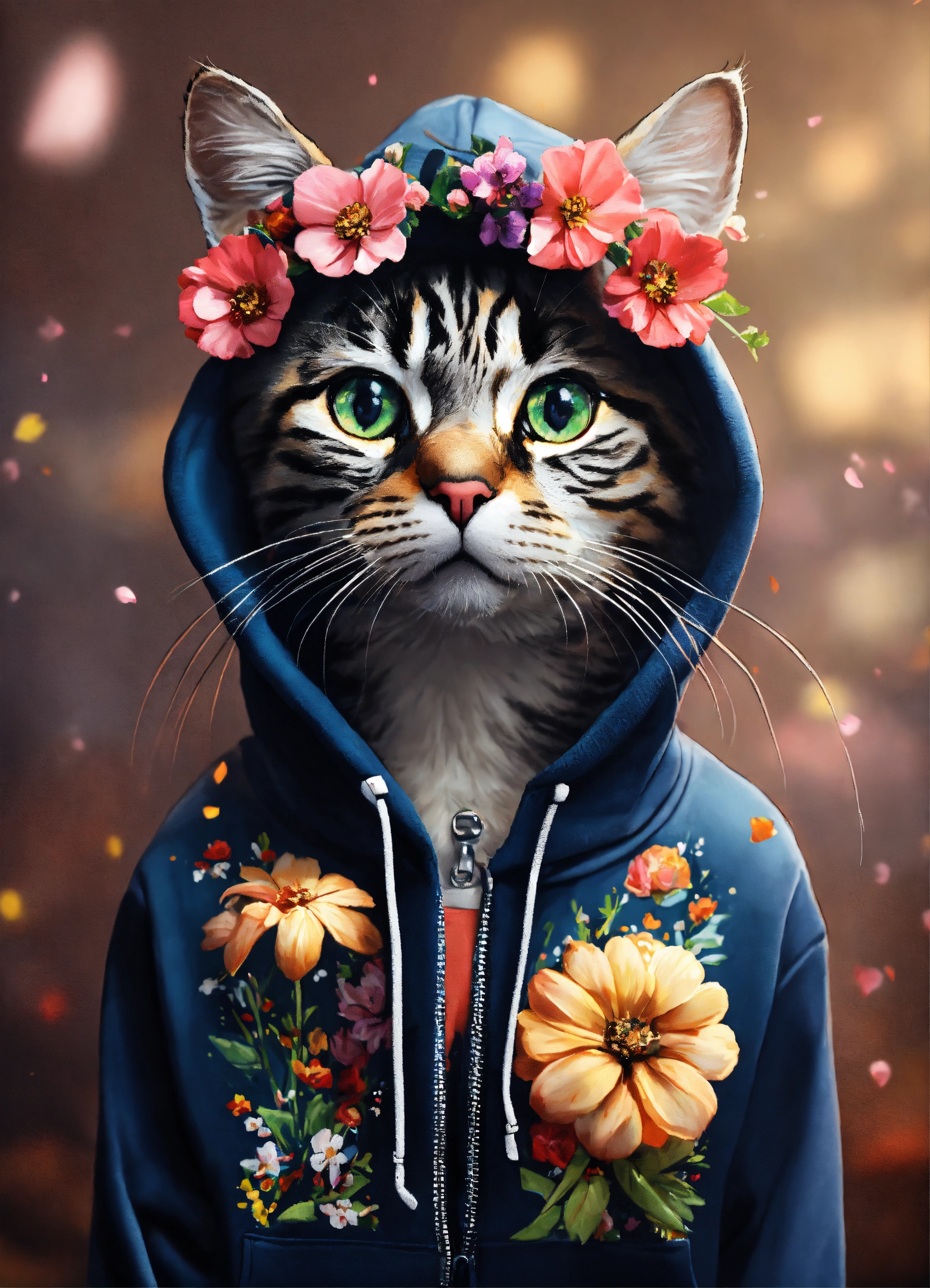 Lexica - Cat wearing embellished hoodie with flowers, 4k